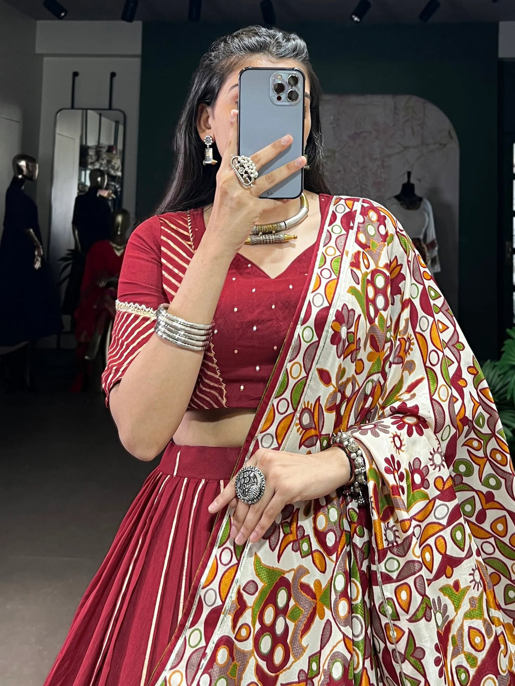 Maroon Magnificent Lace Work Chanderi Silk Navratri Wear Lehenga Choli