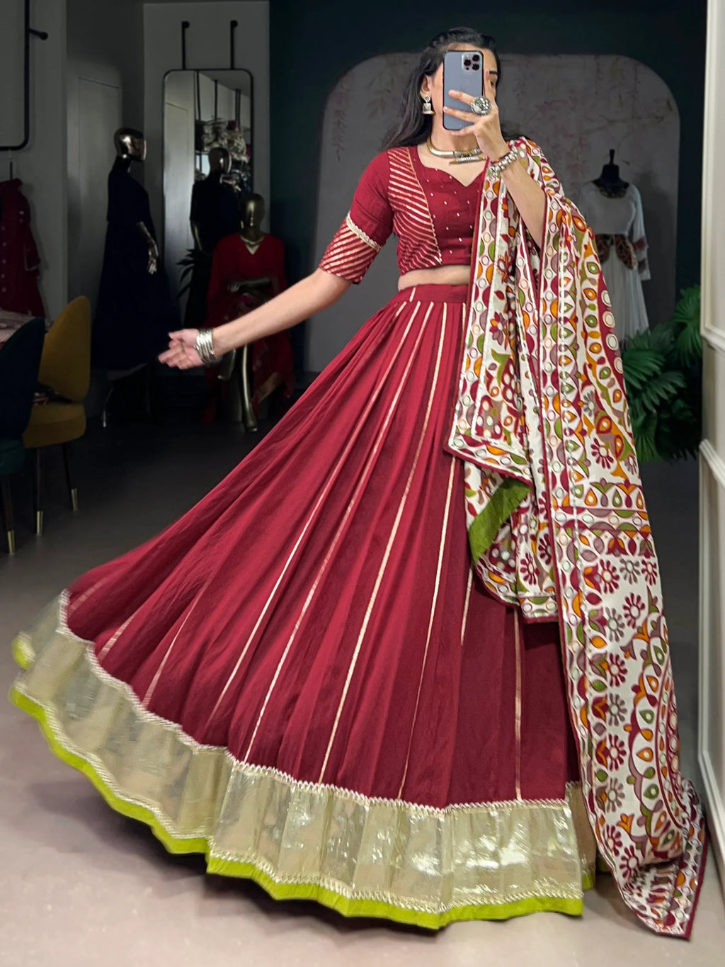Maroon Magnificent Lace Work Chanderi Silk Navratri Wear Lehenga Choli