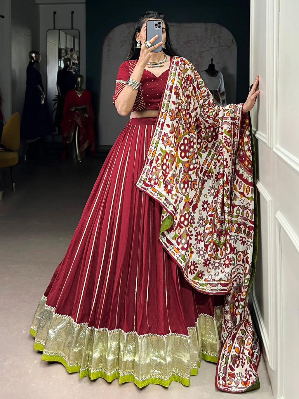 Maroon Magnificent Lace Work Chanderi Silk Navratri Wear Lehenga Choli