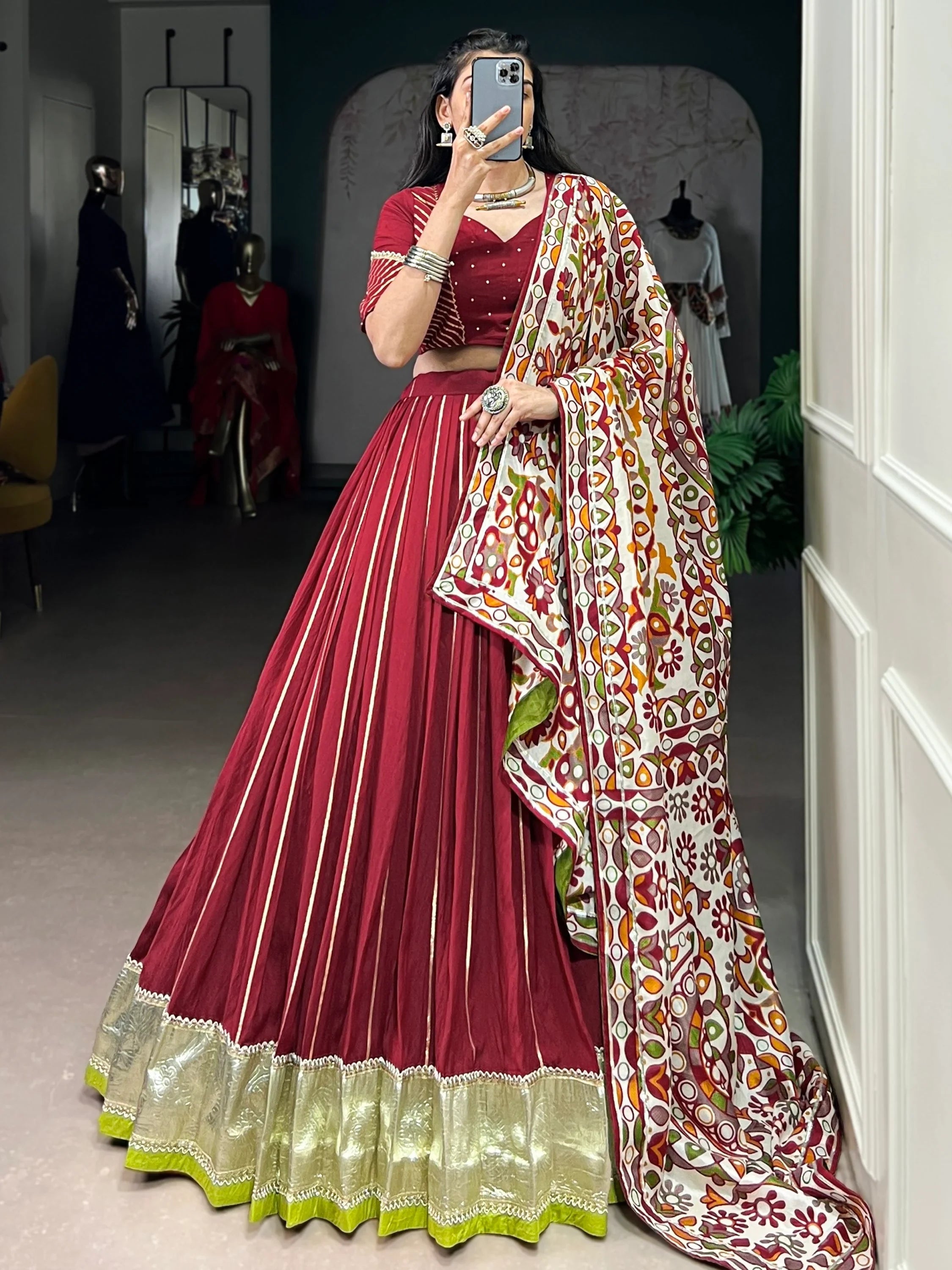 Maroon Magnificent Lace Work Chanderi Silk Navratri Wear Lehenga Choli