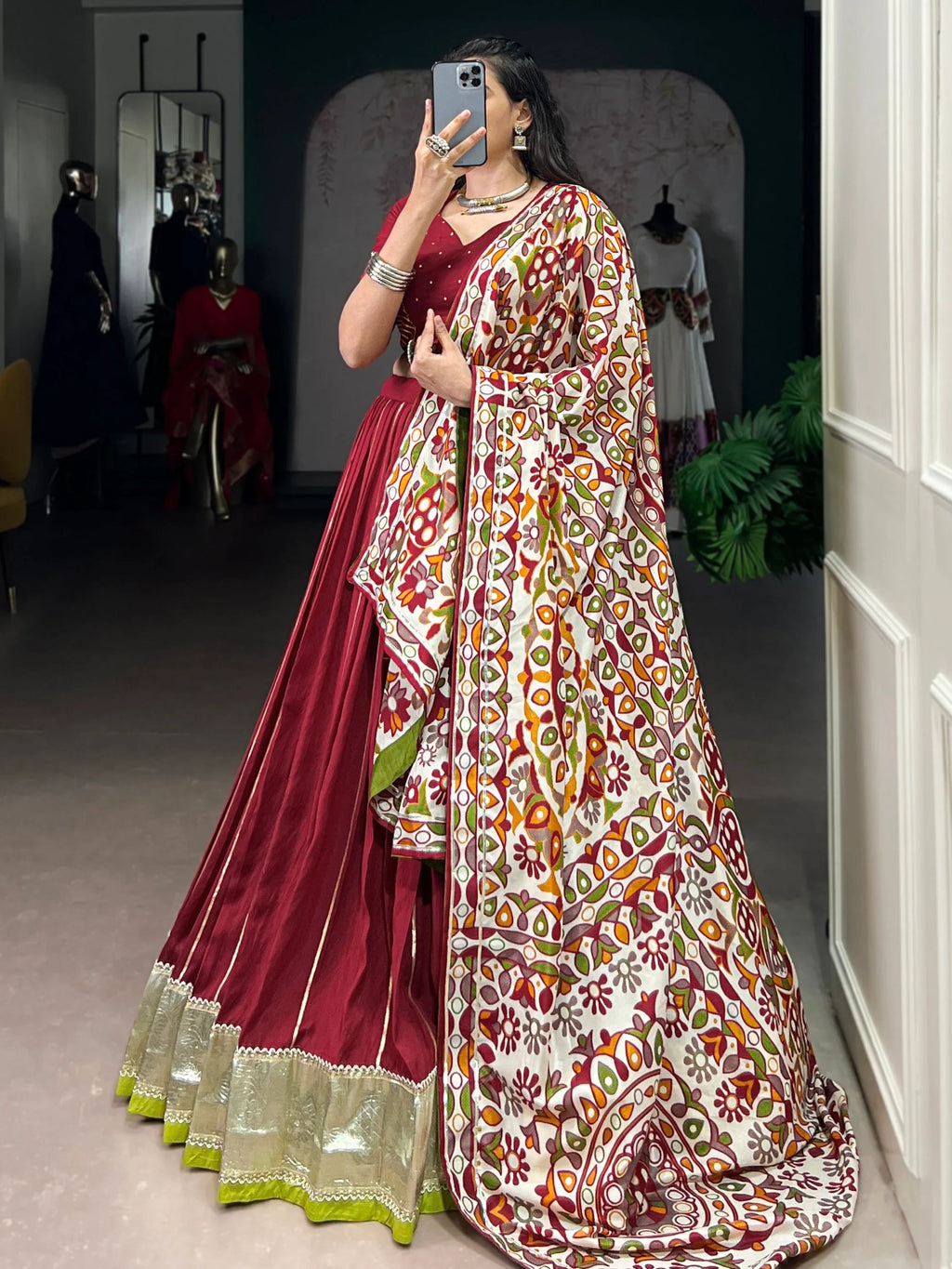Maroon Magnificent Lace Work Chanderi Silk Navratri Wear Lehenga Choli