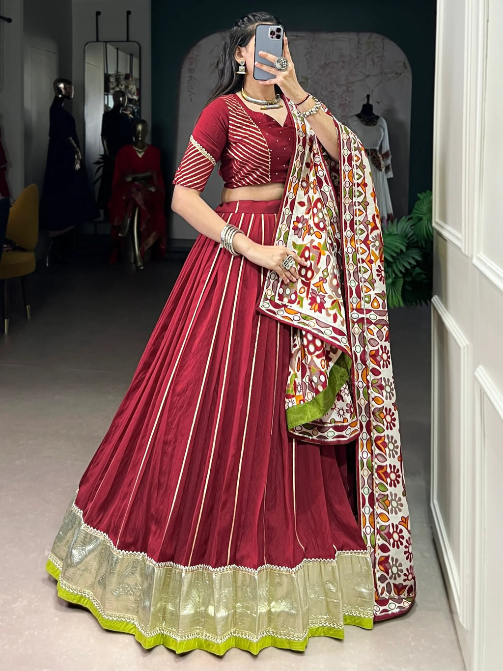 Maroon Magnificent Lace Work Chanderi Silk Navratri Wear Lehenga Choli