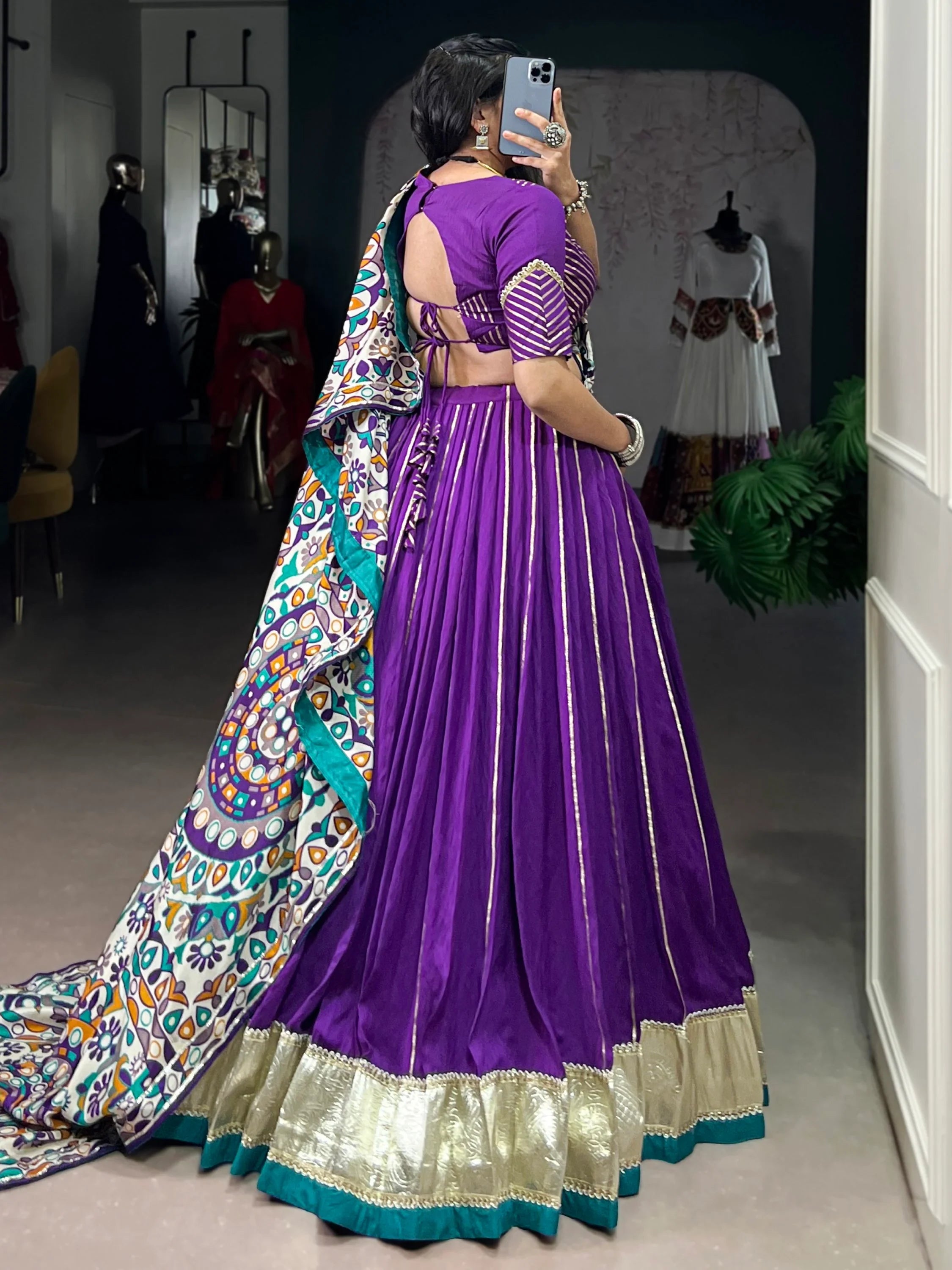 Purple Magnificent Lace Work Chanderi Silk Navratri Wear Lehenga Choli