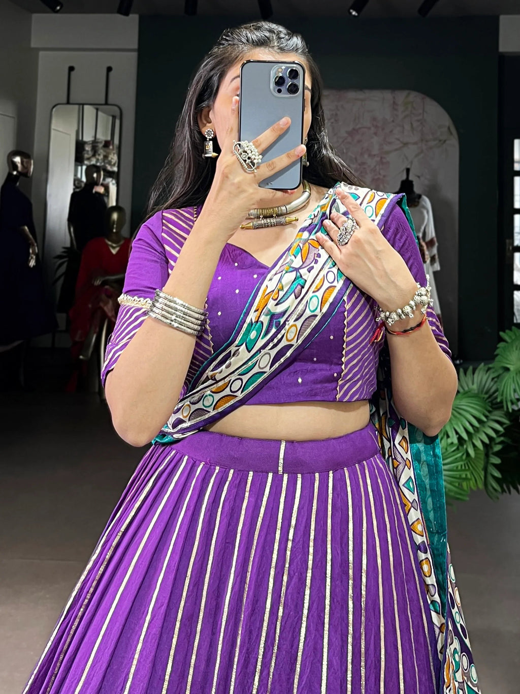 Purple Magnificent Lace Work Chanderi Silk Navratri Wear Lehenga Choli