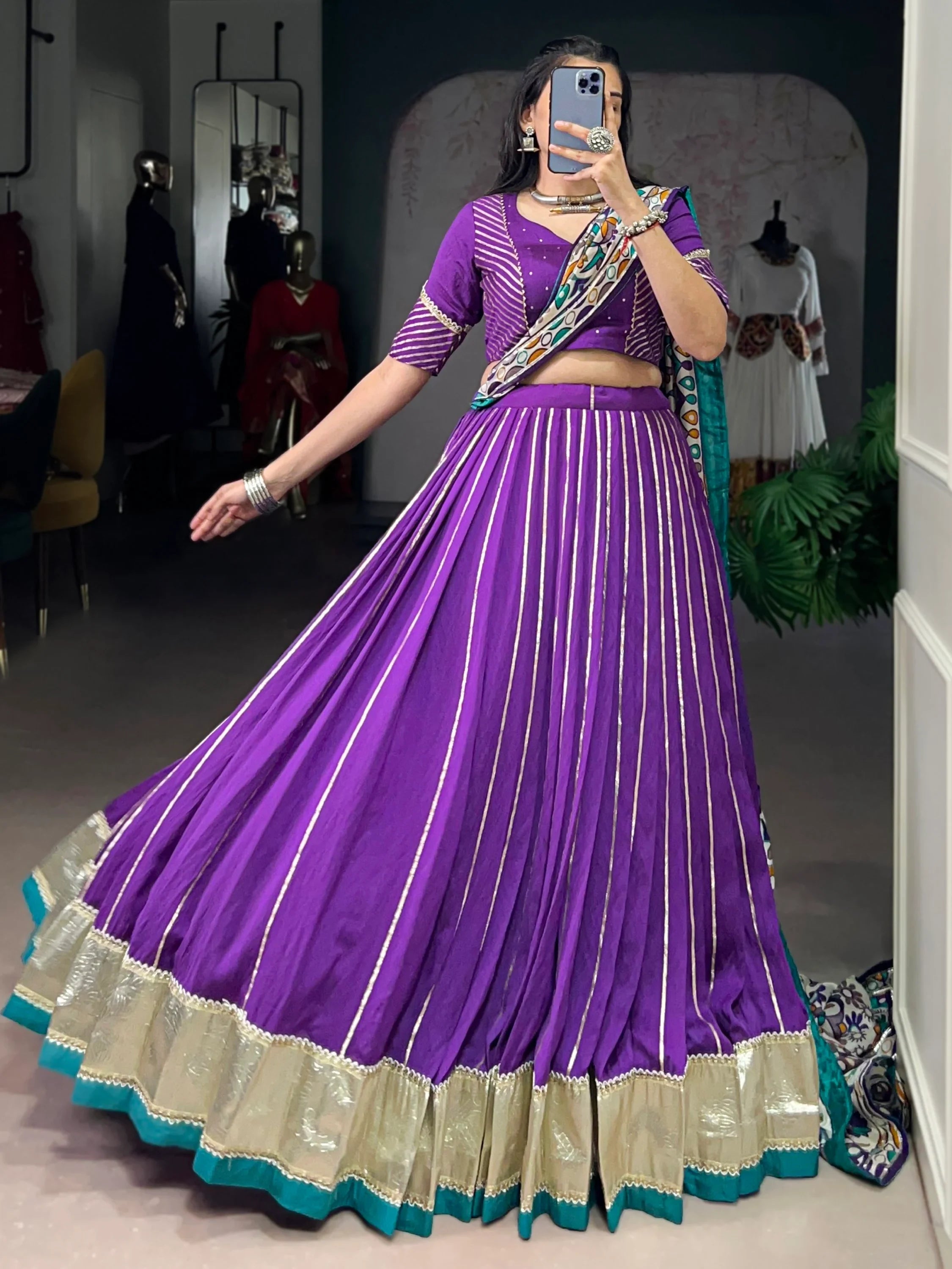 Purple Magnificent Lace Work Chanderi Silk Navratri Wear Lehenga Choli