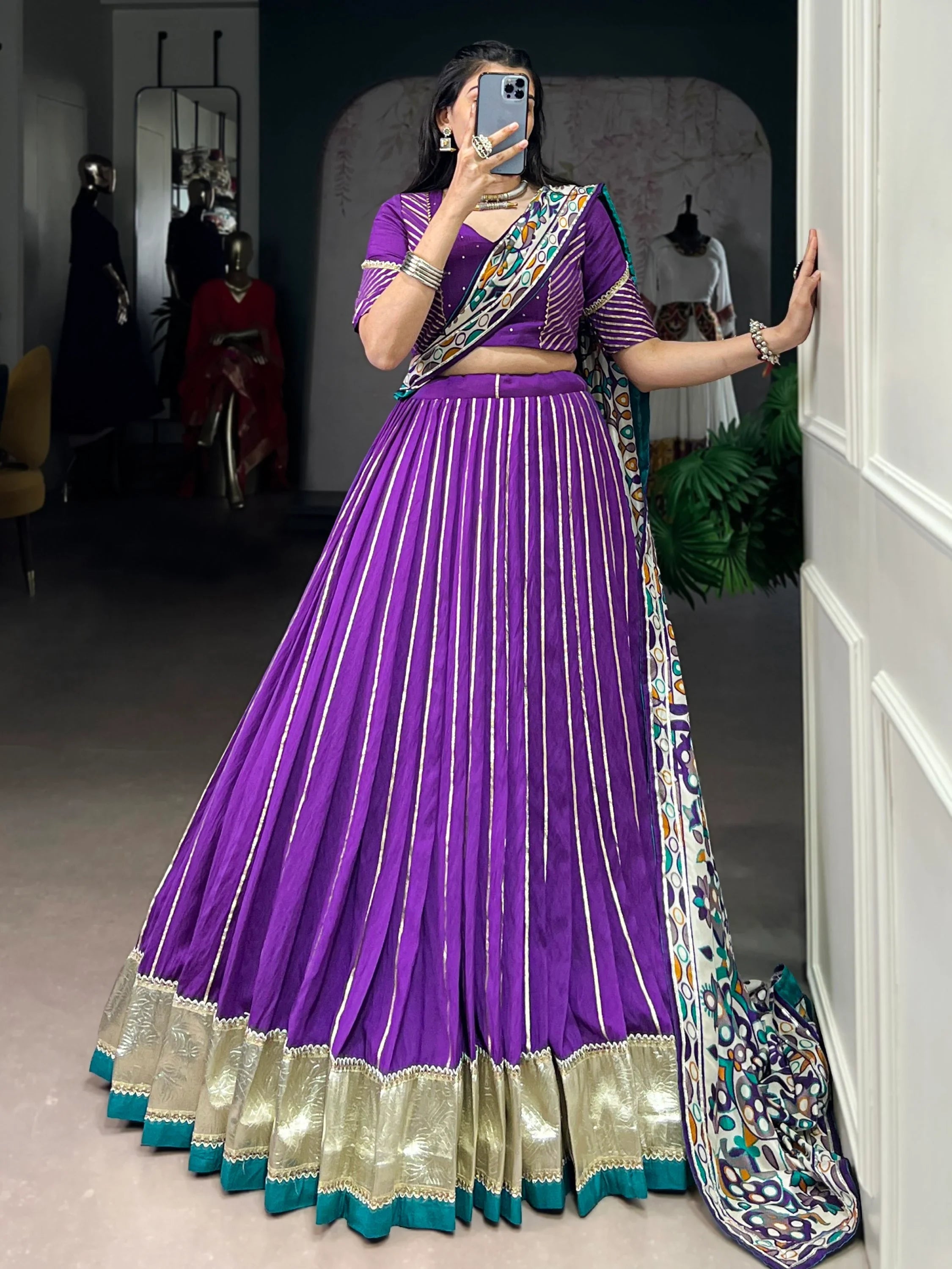 Purple Magnificent Lace Work Chanderi Silk Navratri Wear Lehenga Choli