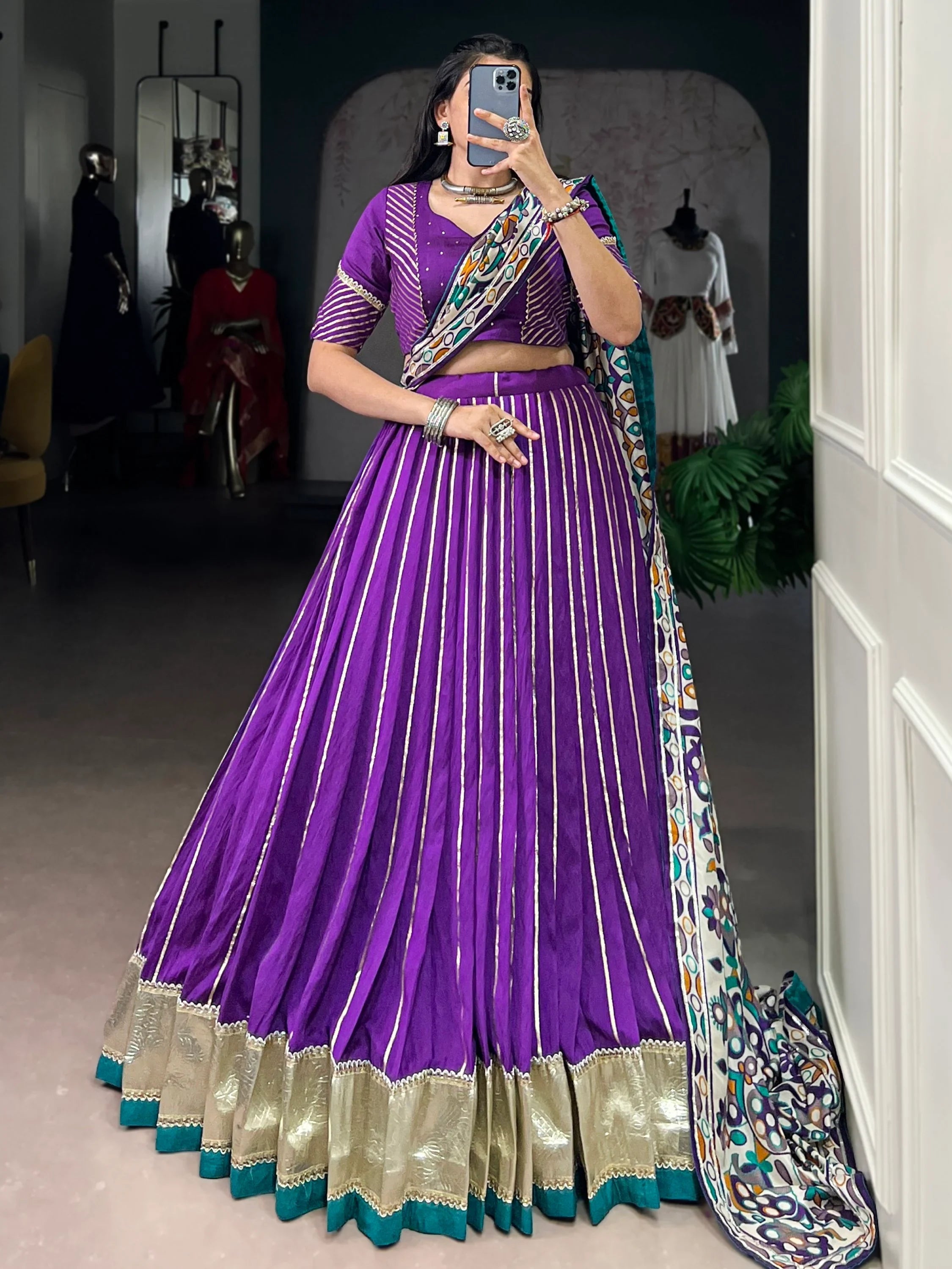 Purple Magnificent Lace Work Chanderi Silk Navratri Wear Lehenga Choli