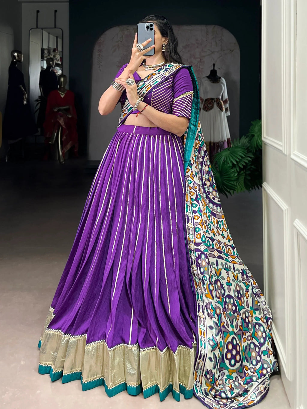 Purple Magnificent Lace Work Chanderi Silk Navratri Wear Lehenga Choli
