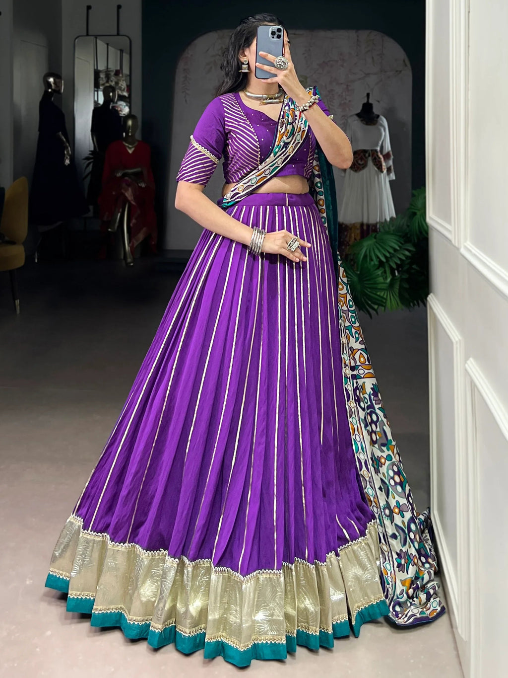 Purple Magnificent Lace Work Chanderi Silk Navratri Wear Lehenga Choli
