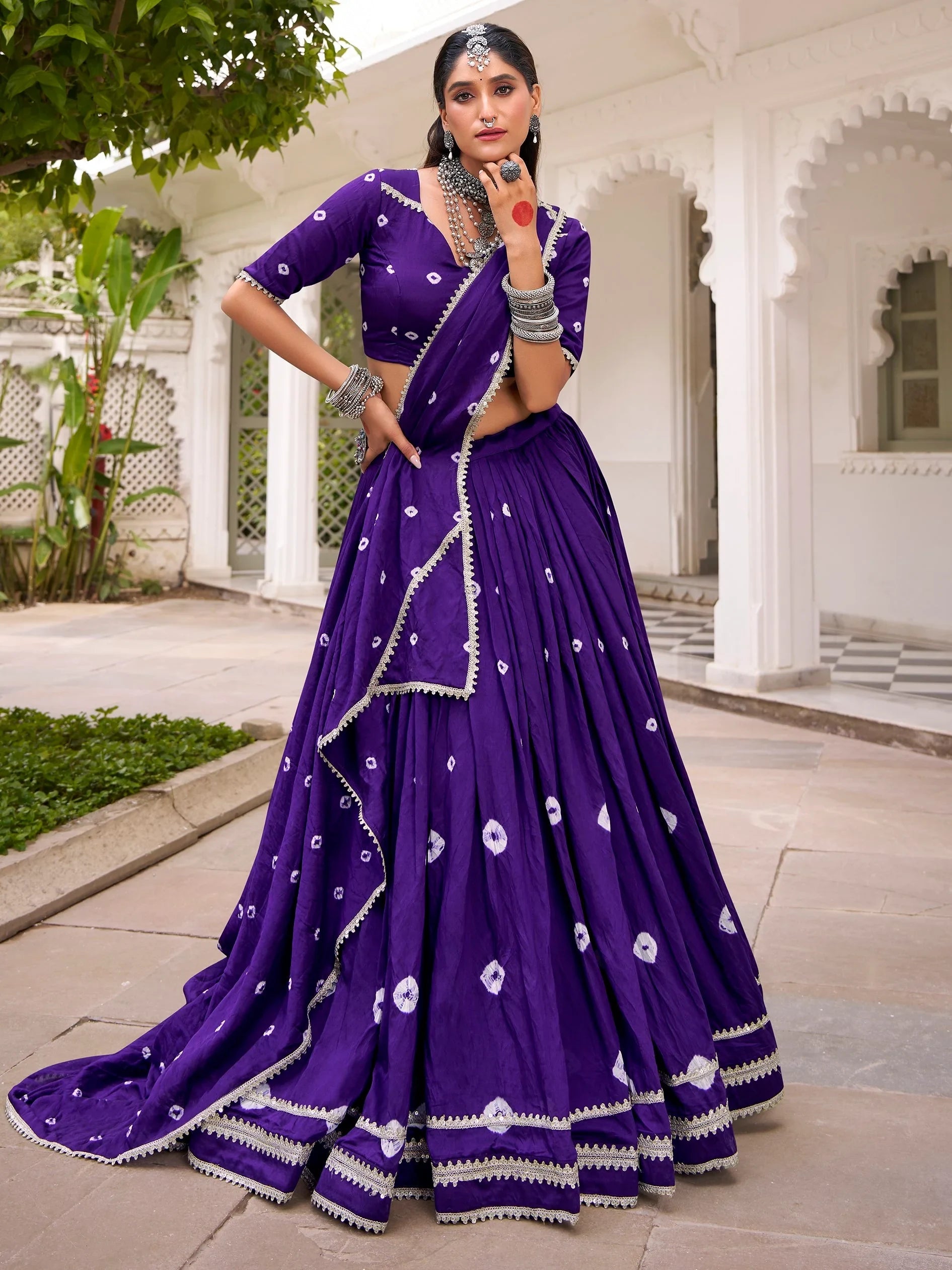 Purple Fantastic Bandhej Printed Chanderi Festive Wear Lehenga Choli