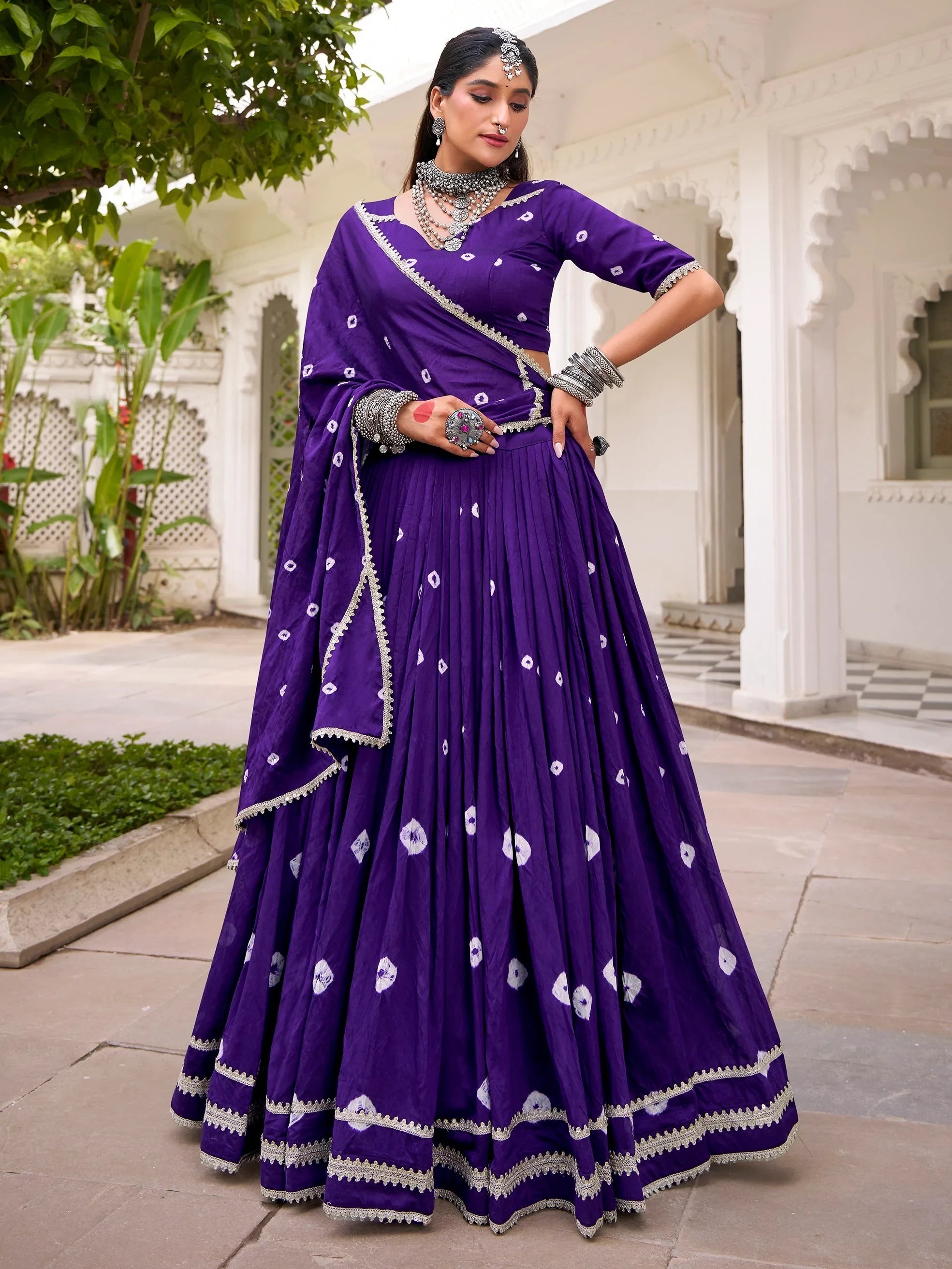 Purple Fantastic Bandhej Printed Chanderi Festive Wear Lehenga Choli