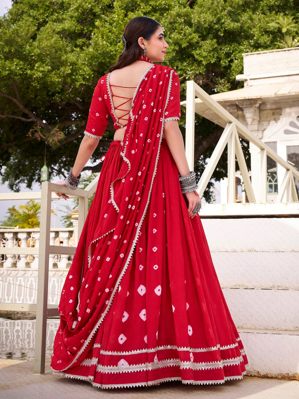 Red Fantastic Bandhej Printed Chanderi Festive Wear Lehenga Choli