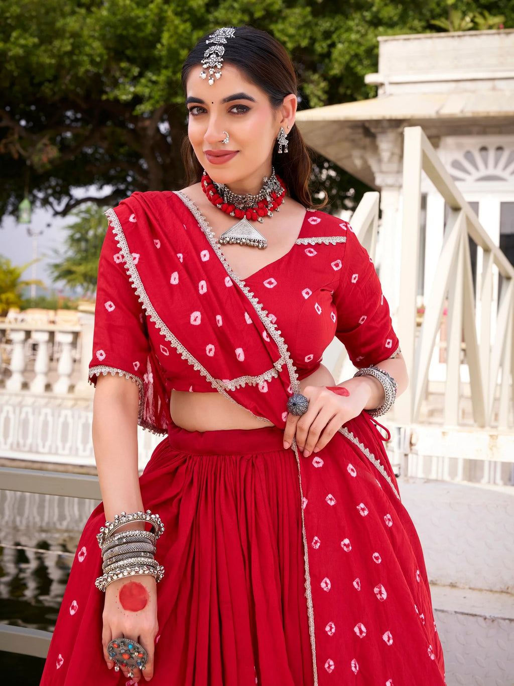 Red Fantastic Bandhej Printed Chanderi Festive Wear Lehenga Choli