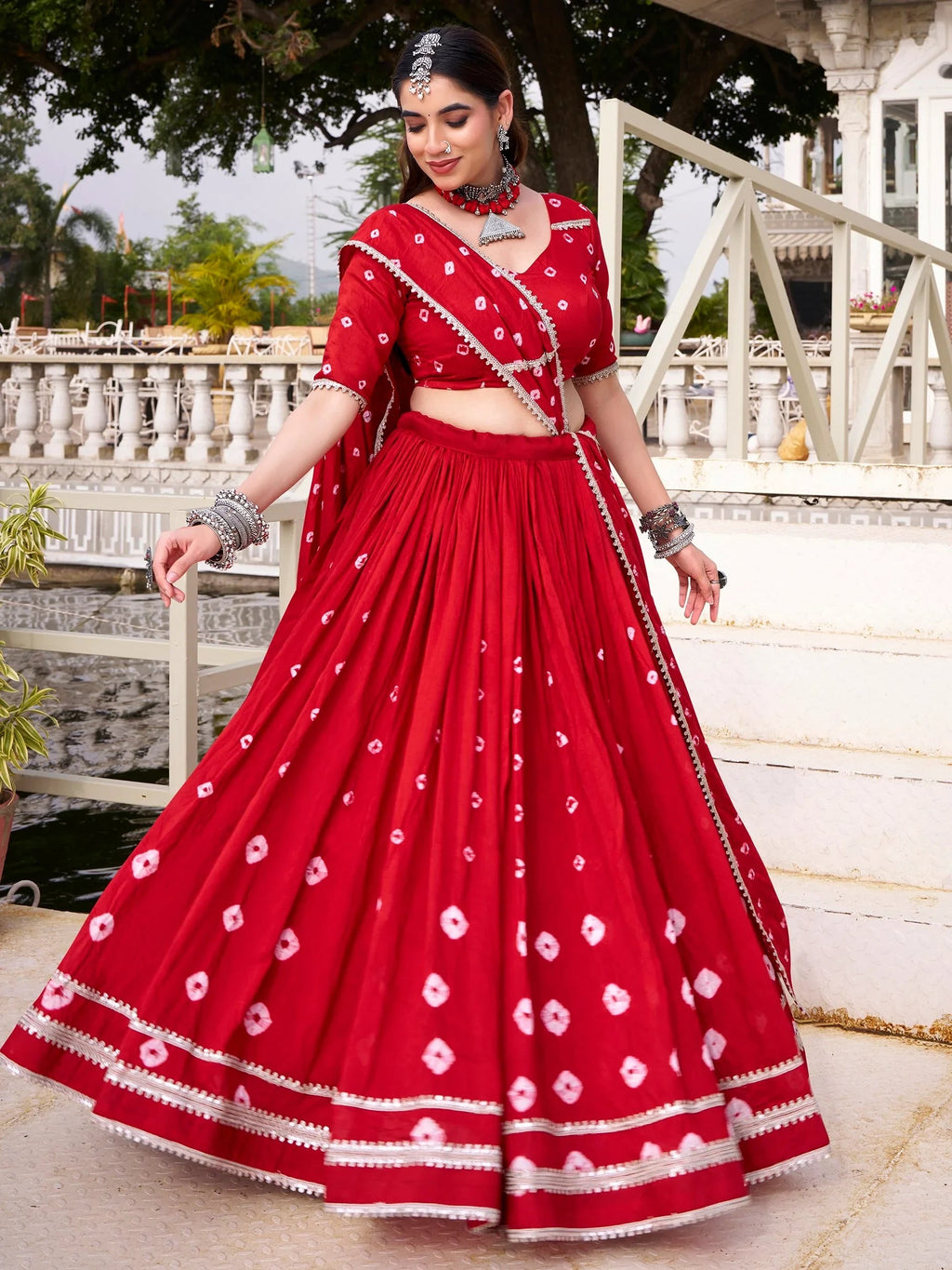 Red Fantastic Bandhej Printed Chanderi Festive Wear Lehenga Choli