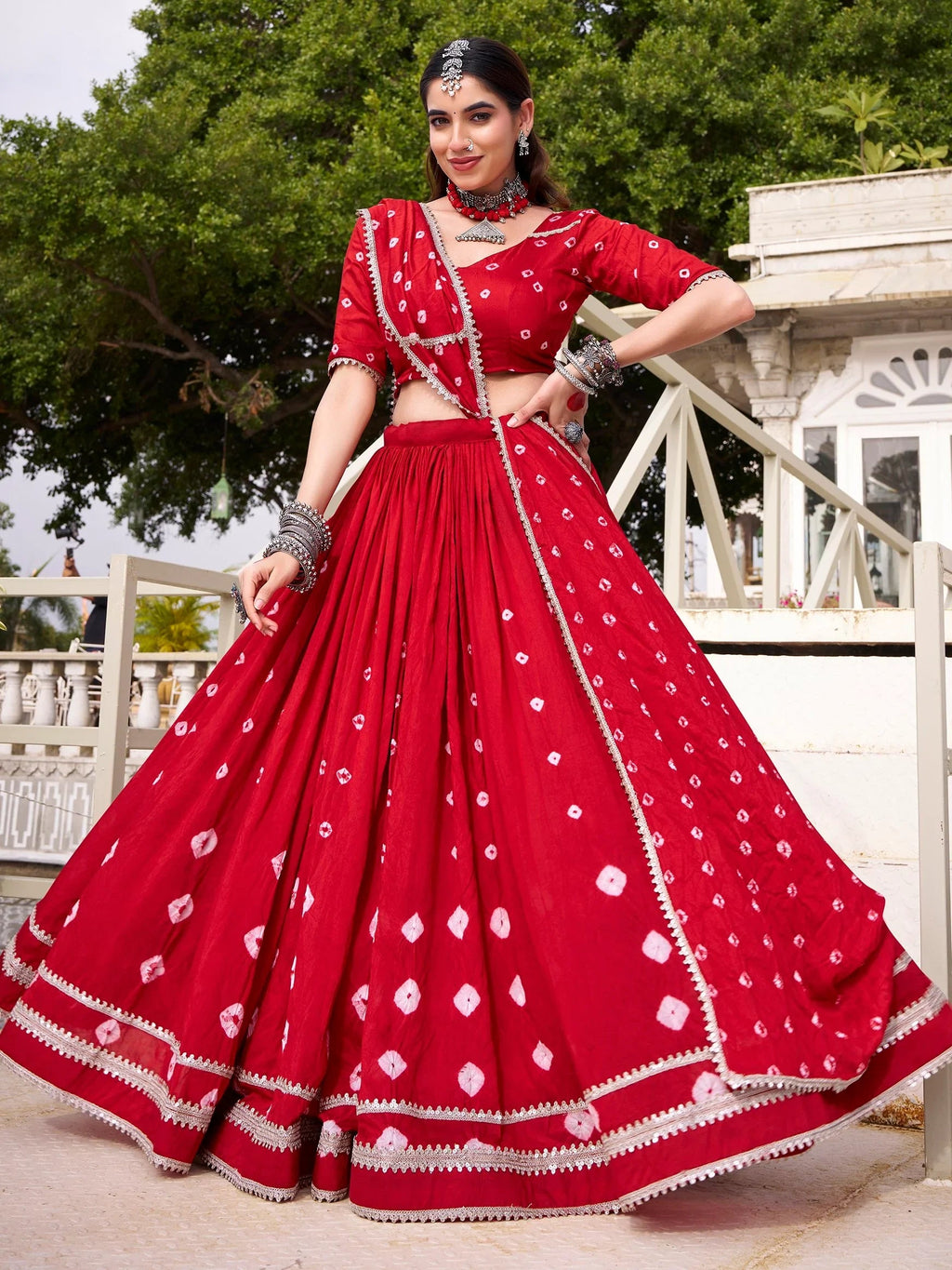 Red Fantastic Bandhej Printed Chanderi Festive Wear Lehenga Choli