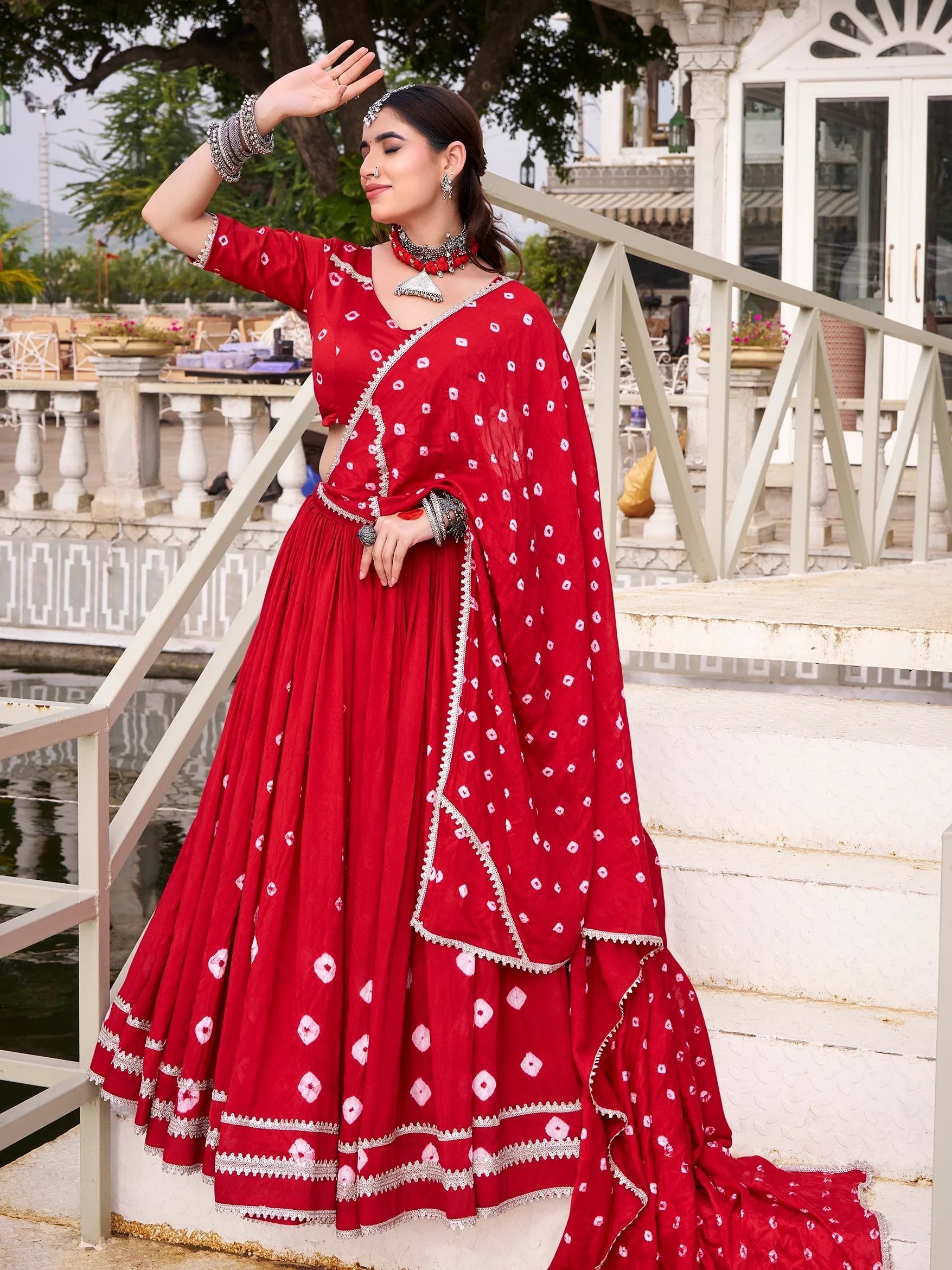 Red Fantastic Bandhej Printed Chanderi Festive Wear Lehenga Choli