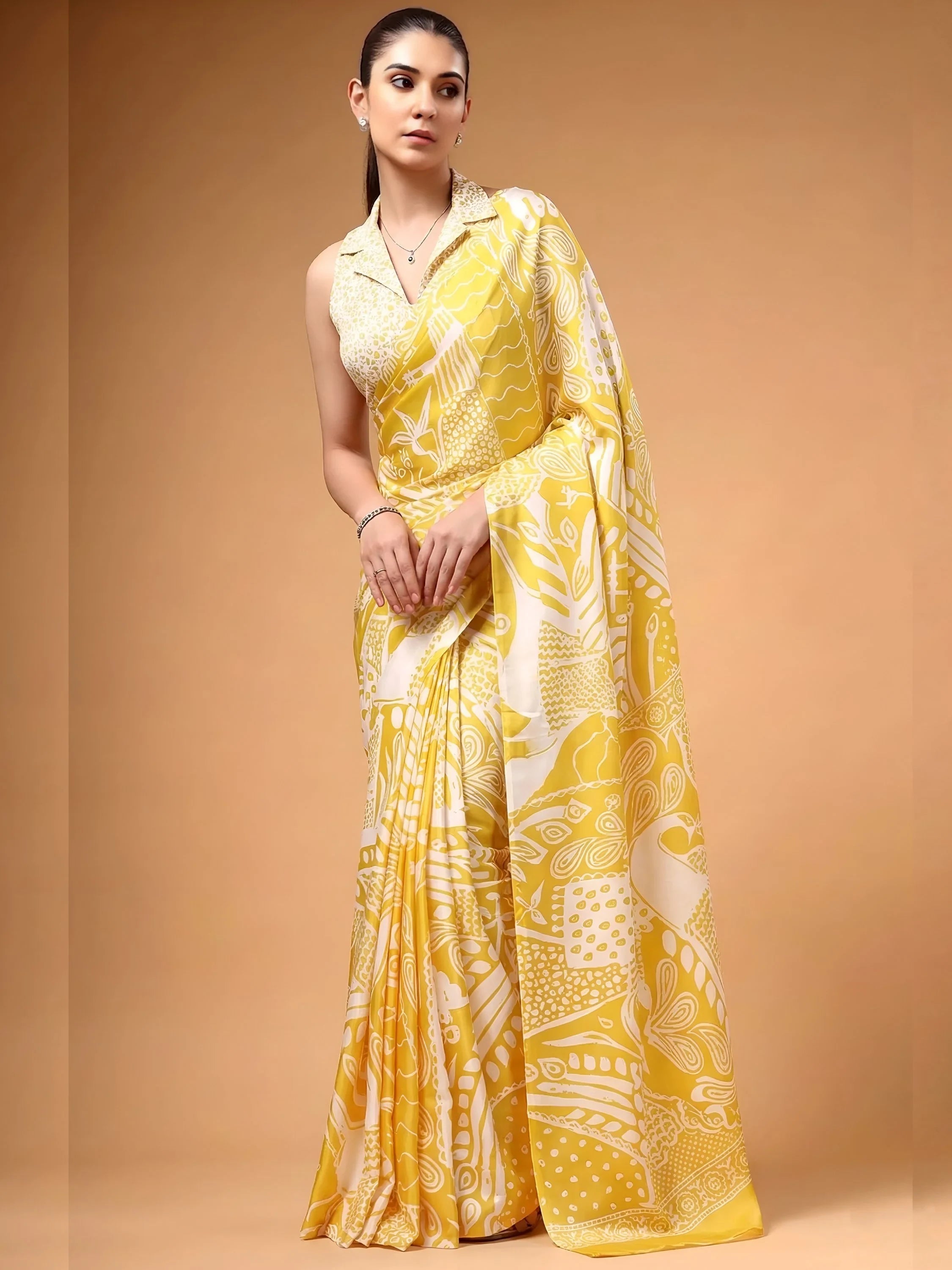 Yellow Charming Digital Printed Satin Festive Wear Saree With Blouse
