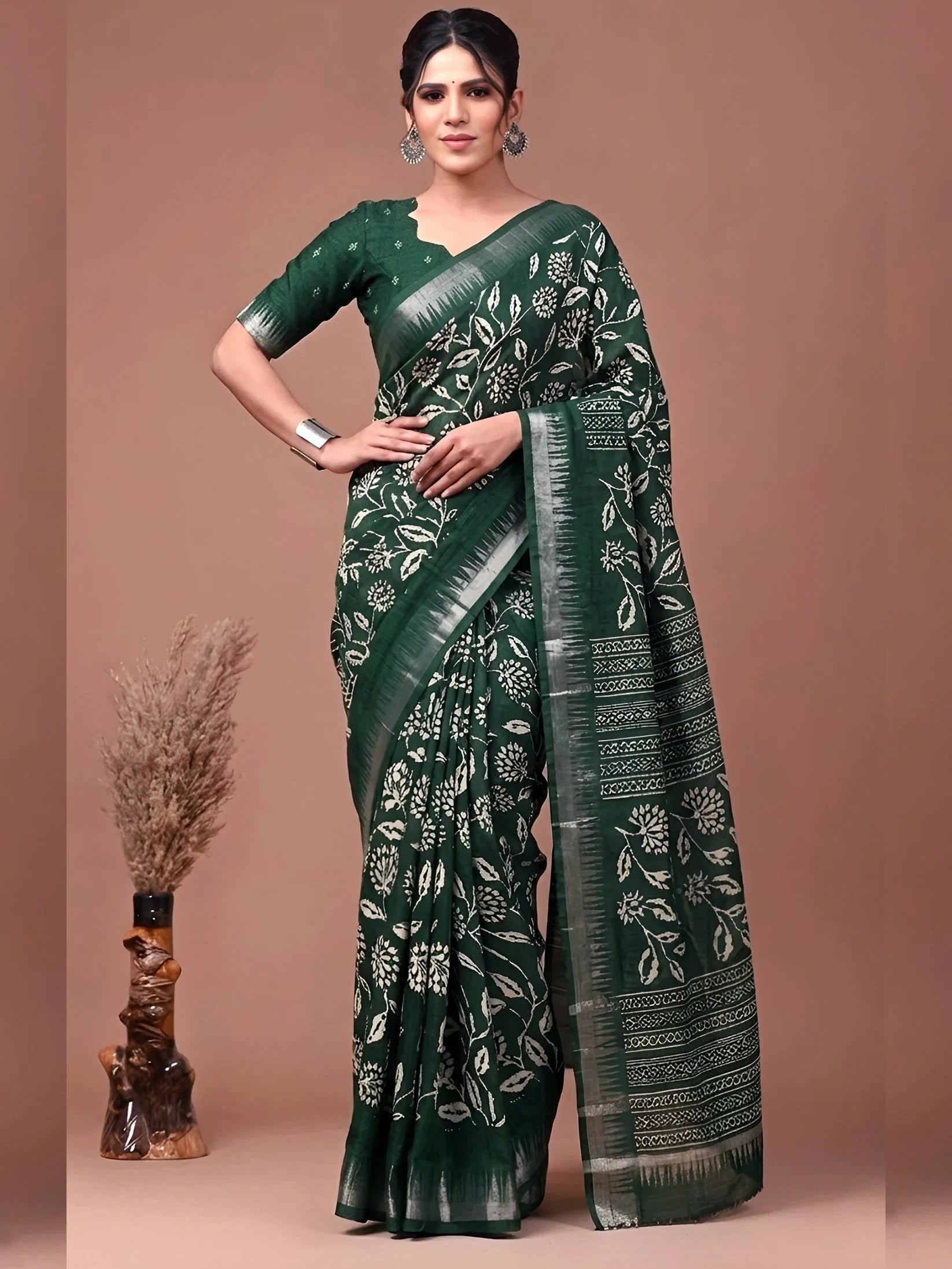 Green Majestic Floral Printed Silk Casual Wear Saree With Blouse