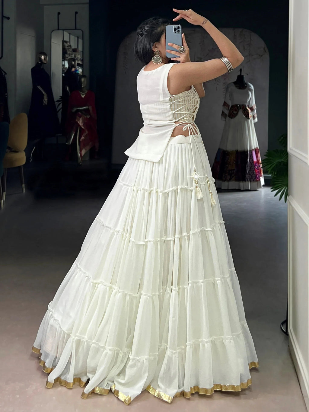 Captivating White Mirror Work Chiffon Festival Wear Crop Top Lehenga