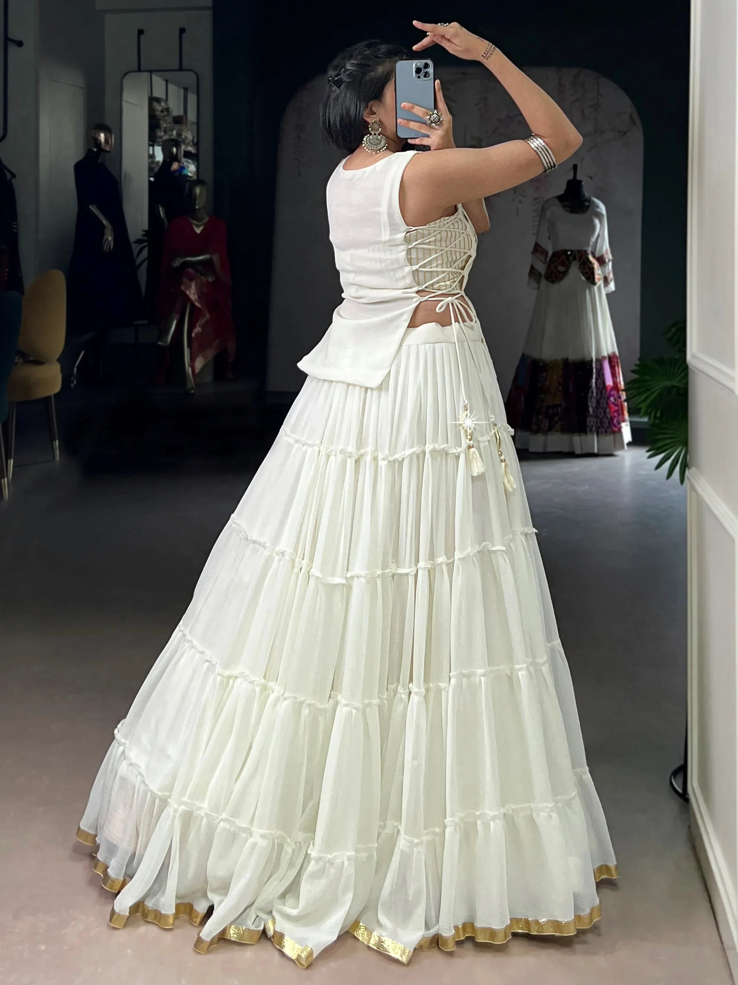 Captivating White Mirror Work Chiffon Festival Wear Crop Top Lehenga