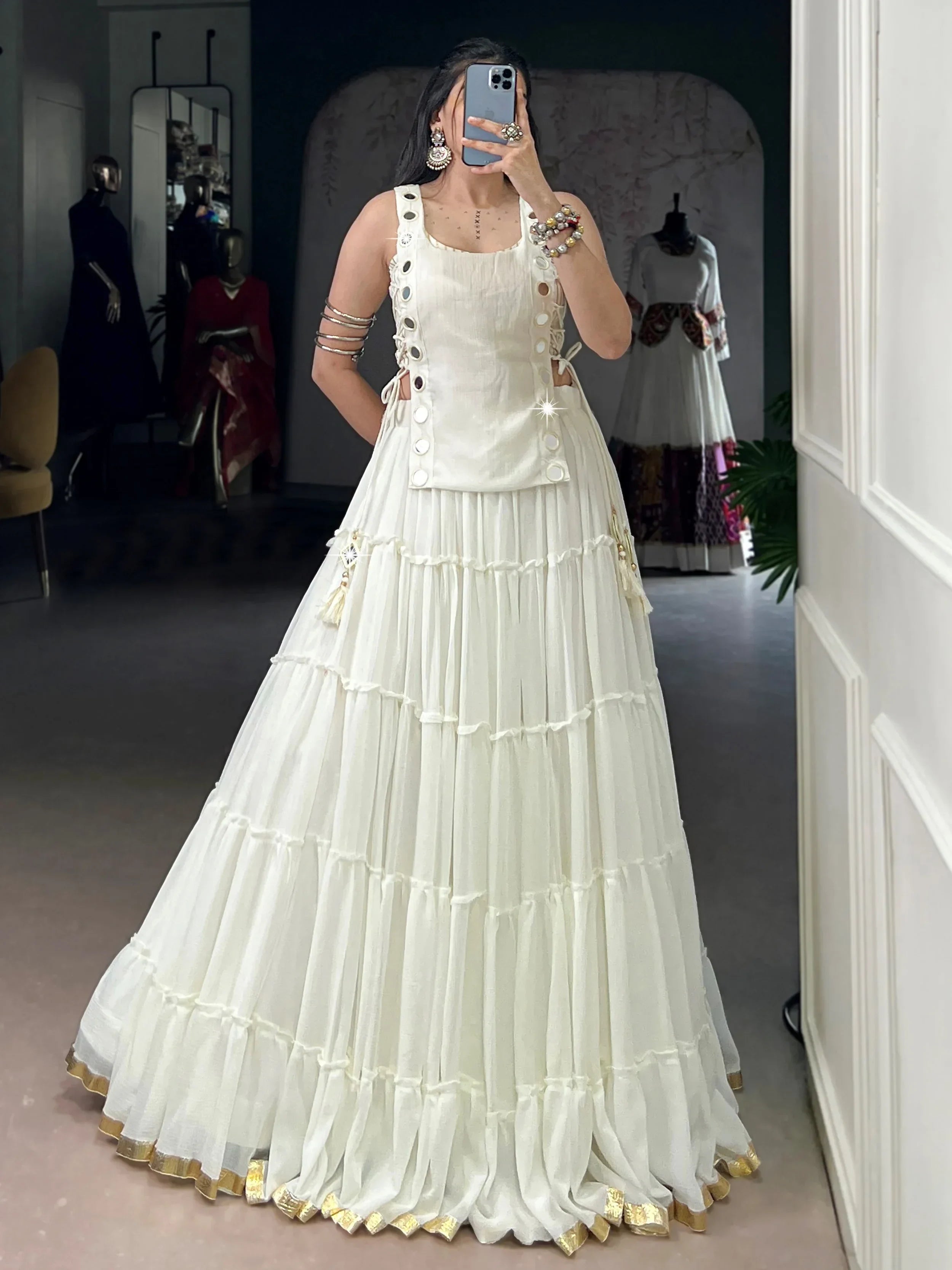 Captivating White Mirror Work Chiffon Festival Wear Crop Top Lehenga