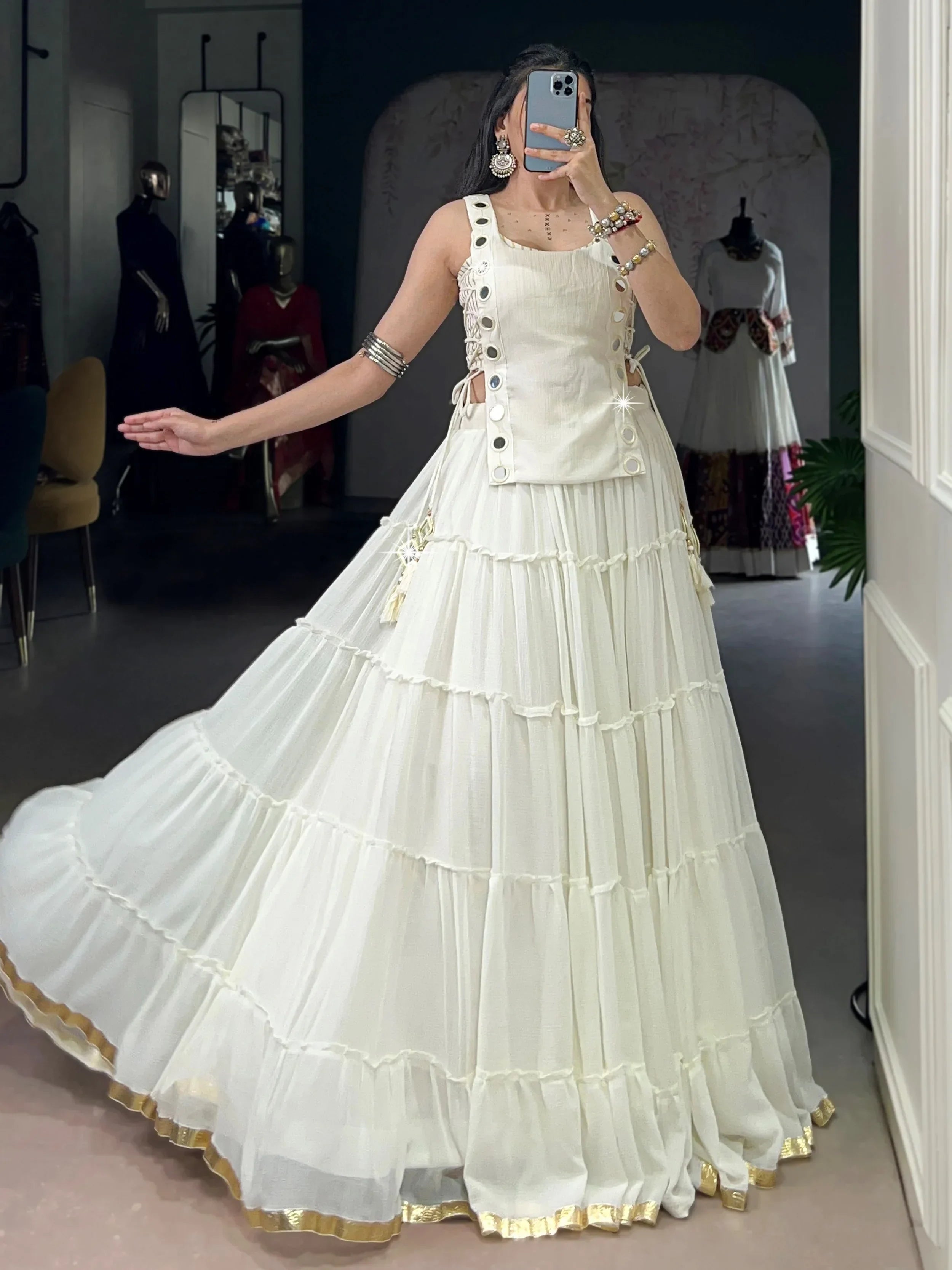 Captivating White Mirror Work Chiffon Festival Wear Crop Top Lehenga