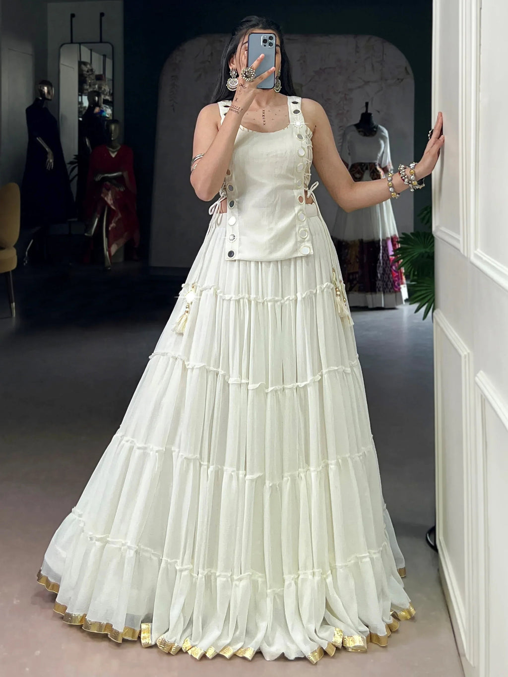 Captivating White Mirror Work Chiffon Festival Wear Crop Top Lehenga