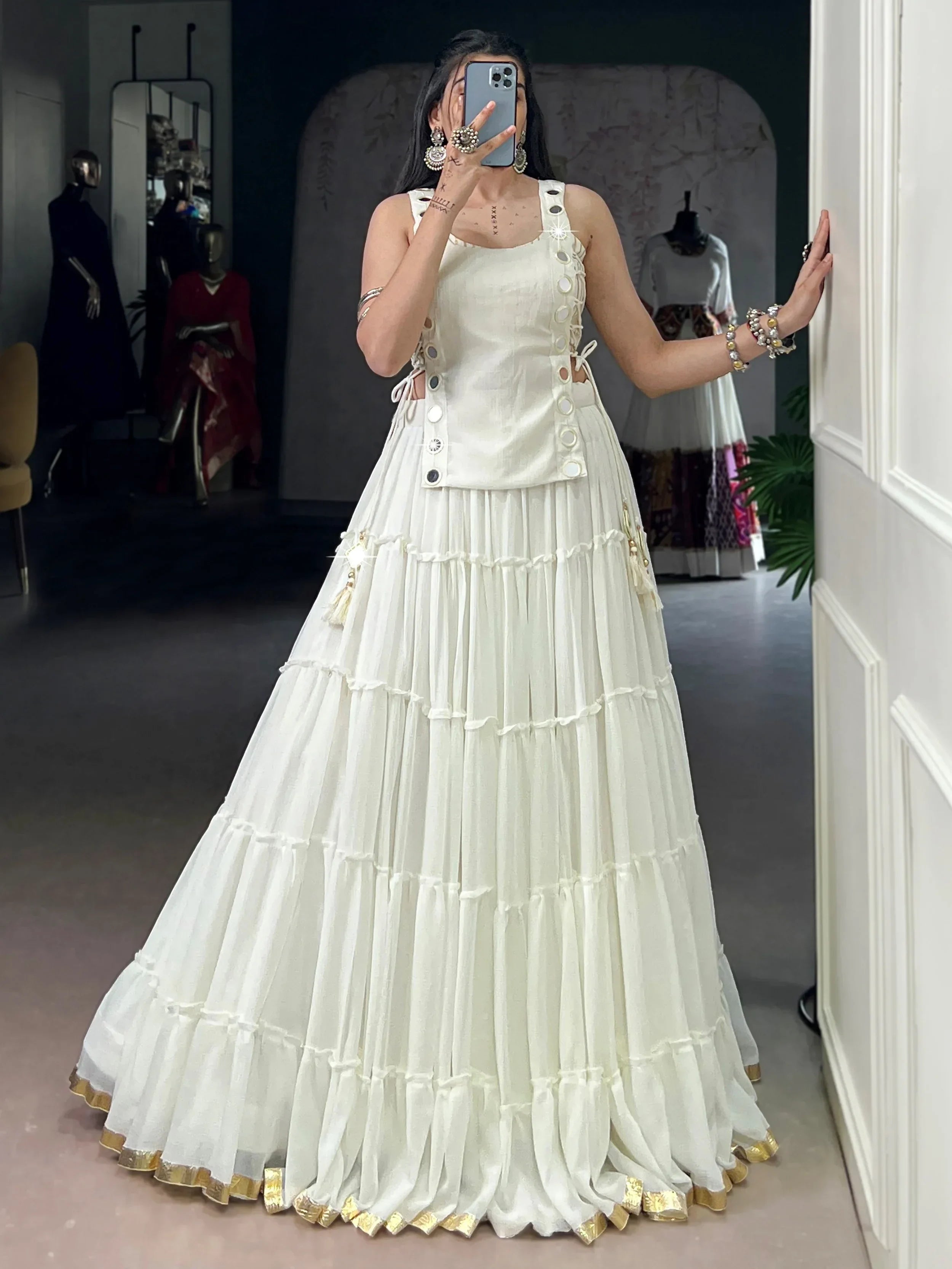 Captivating White Mirror Work Chiffon Festival Wear Crop Top Lehenga