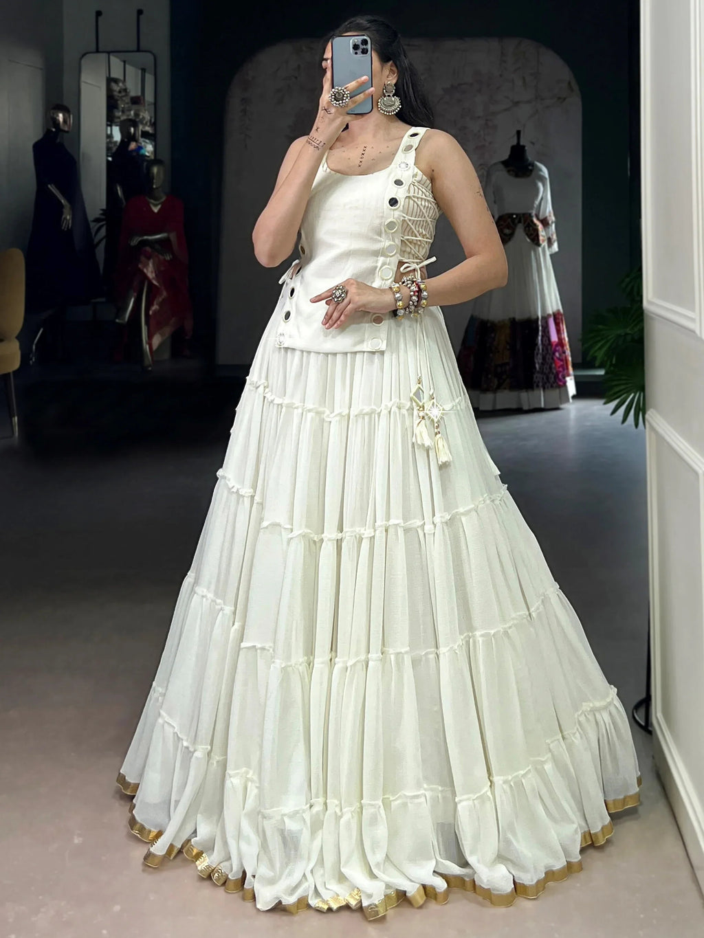 Captivating White Mirror Work Chiffon Festival Wear Crop Top Lehenga