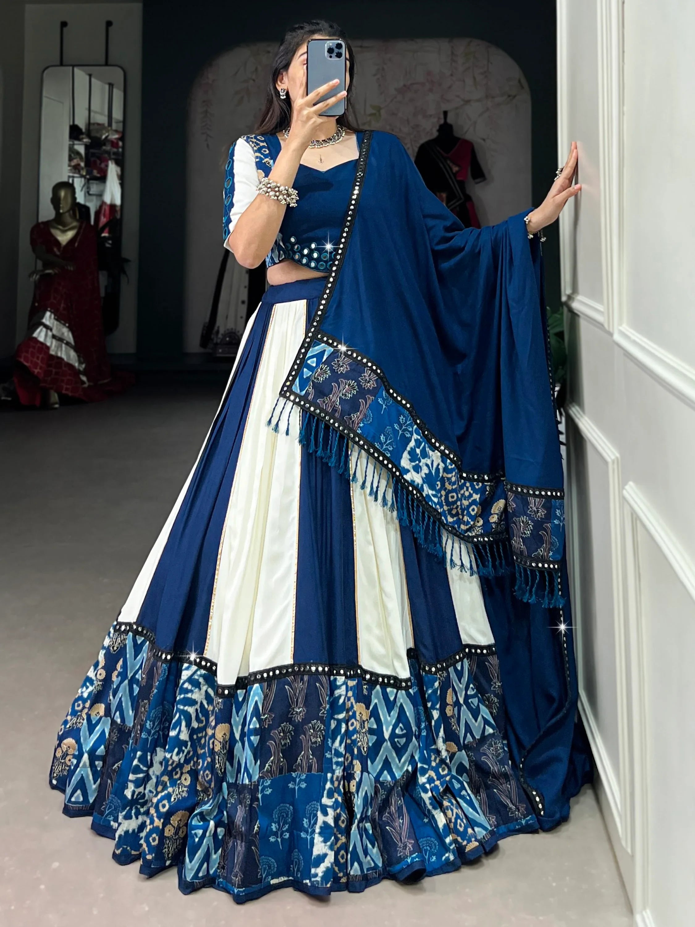 Alluring Blue Lace Work Rayon Navratri Special Lehenga Choli