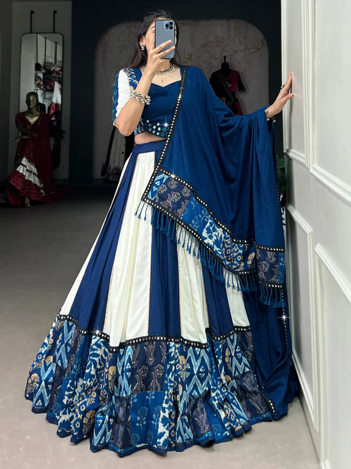 Alluring Blue Lace Work Rayon Navratri Special Lehenga Choli