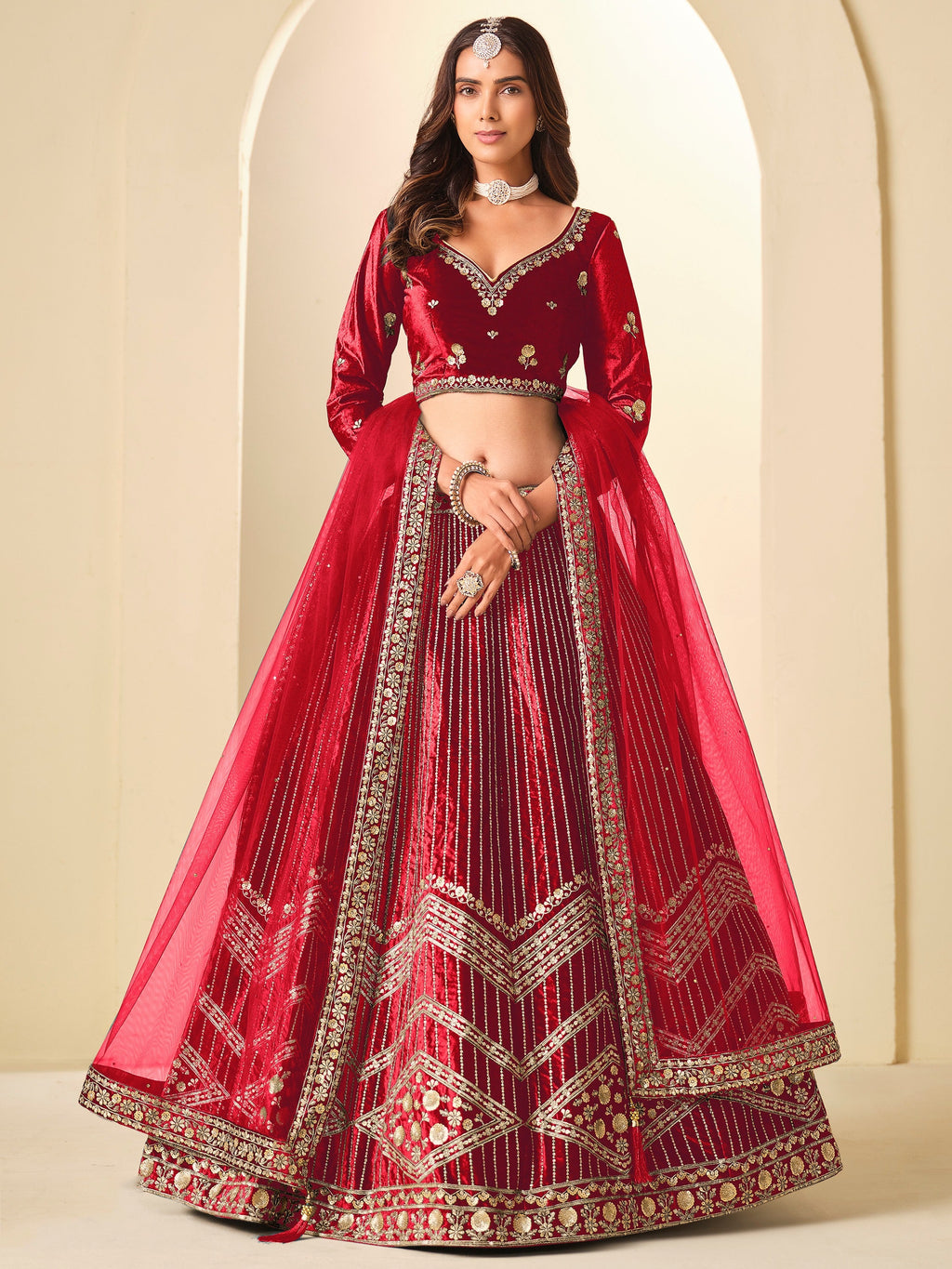 Lovable Red Sequins Velvet Bridal Lehenga Choli With Dupatta