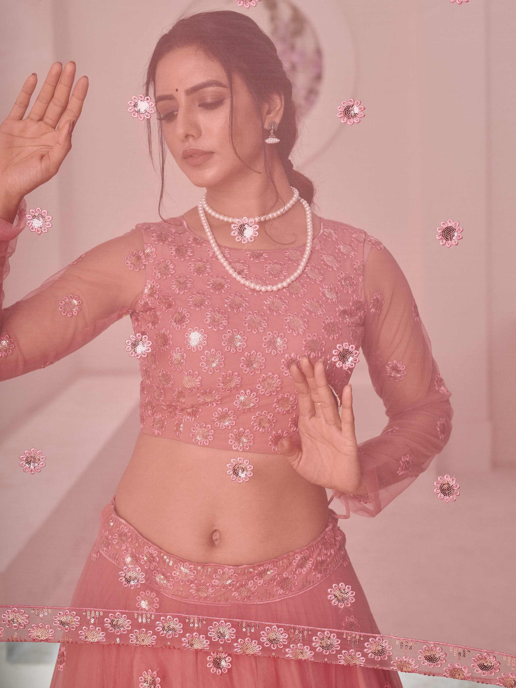 Timeless Dusty Pink Net Floral Sequins Party Wear Lehenga Choli
