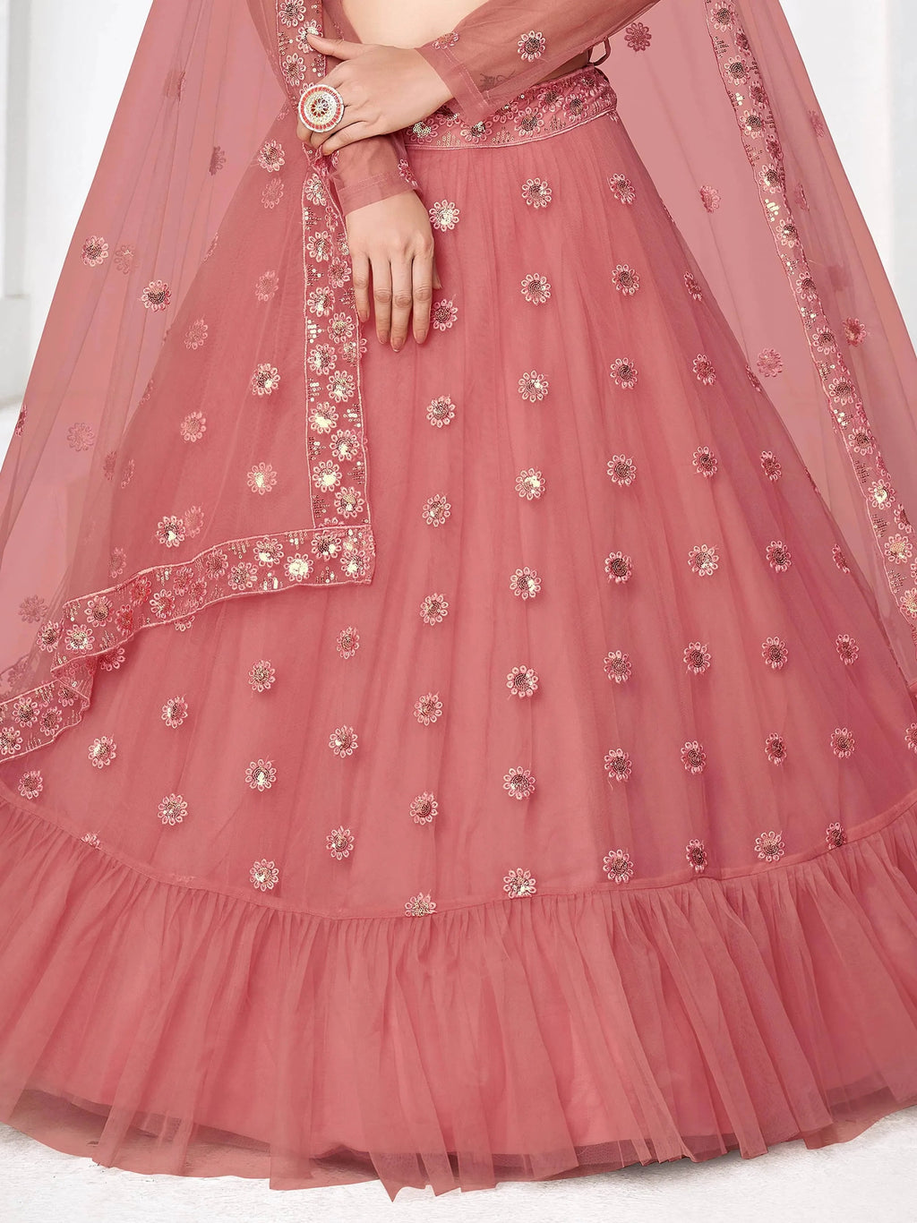 Timeless Dusty Pink Net Floral Sequins Party Wear Lehenga Choli