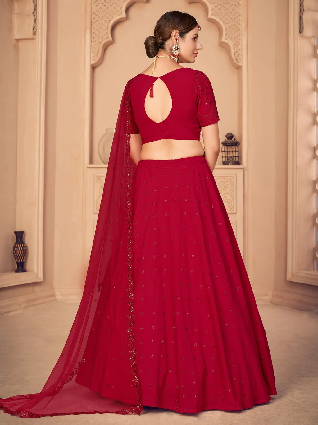 Gorgeous Red Georgette Sequins Monochrome Lehenga Choli With Dupatta
