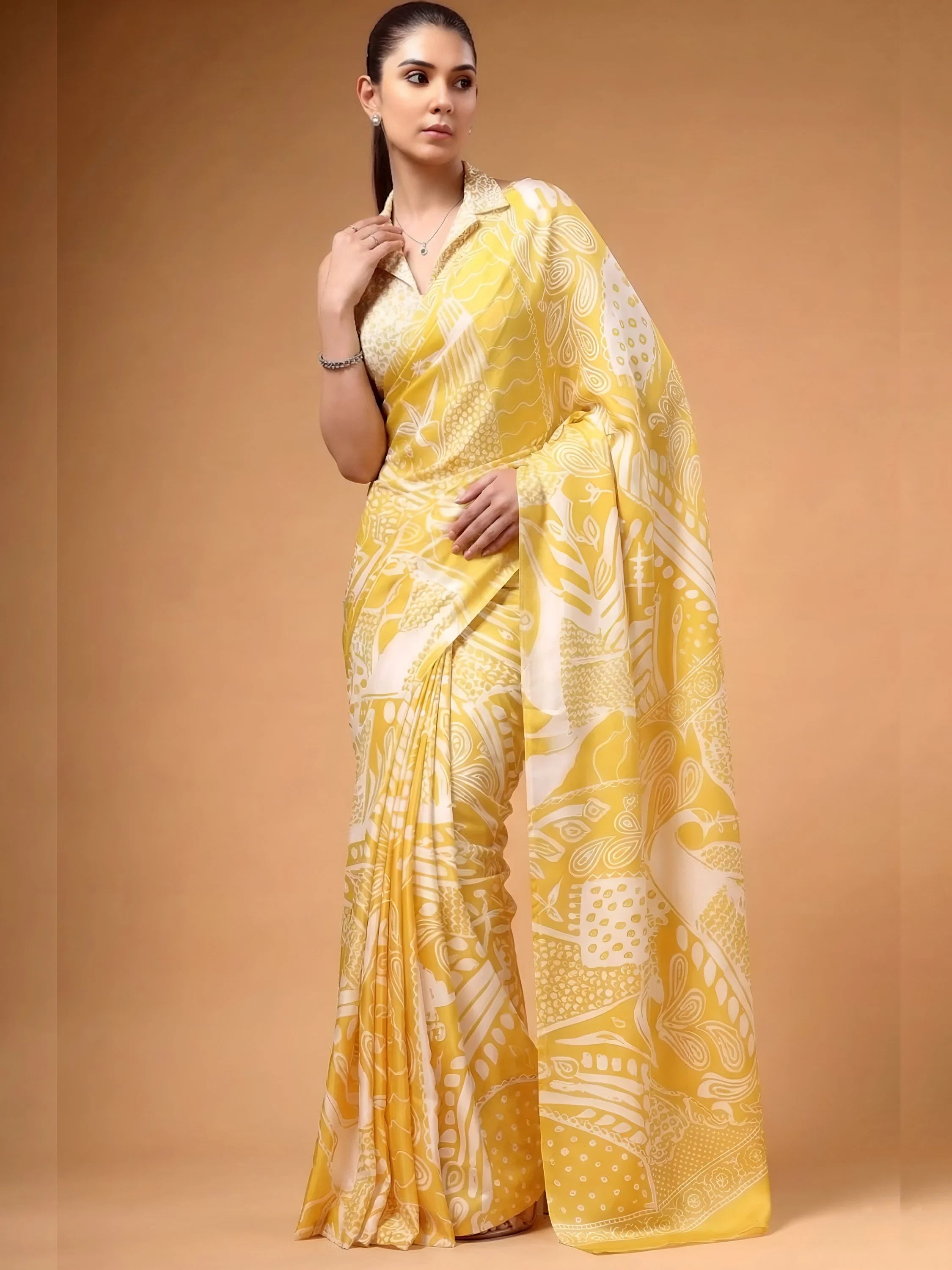 Yellow Charming Digital Printed Satin Festive Wear Saree With Blouse
