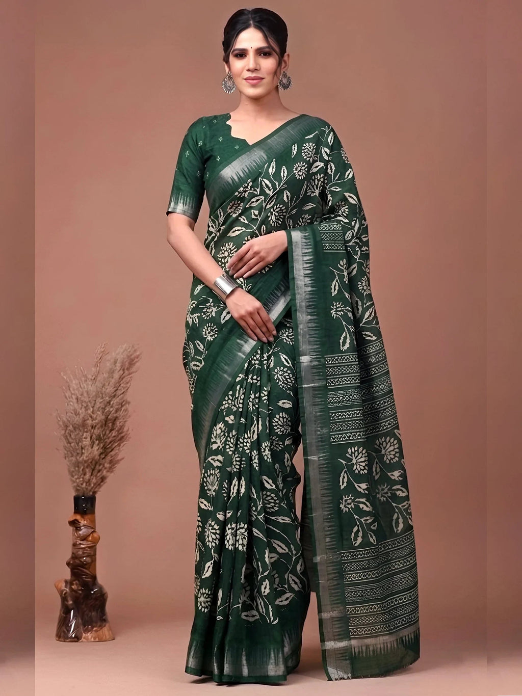 Green Majestic Floral Printed Silk Casual Wear Saree With Blouse