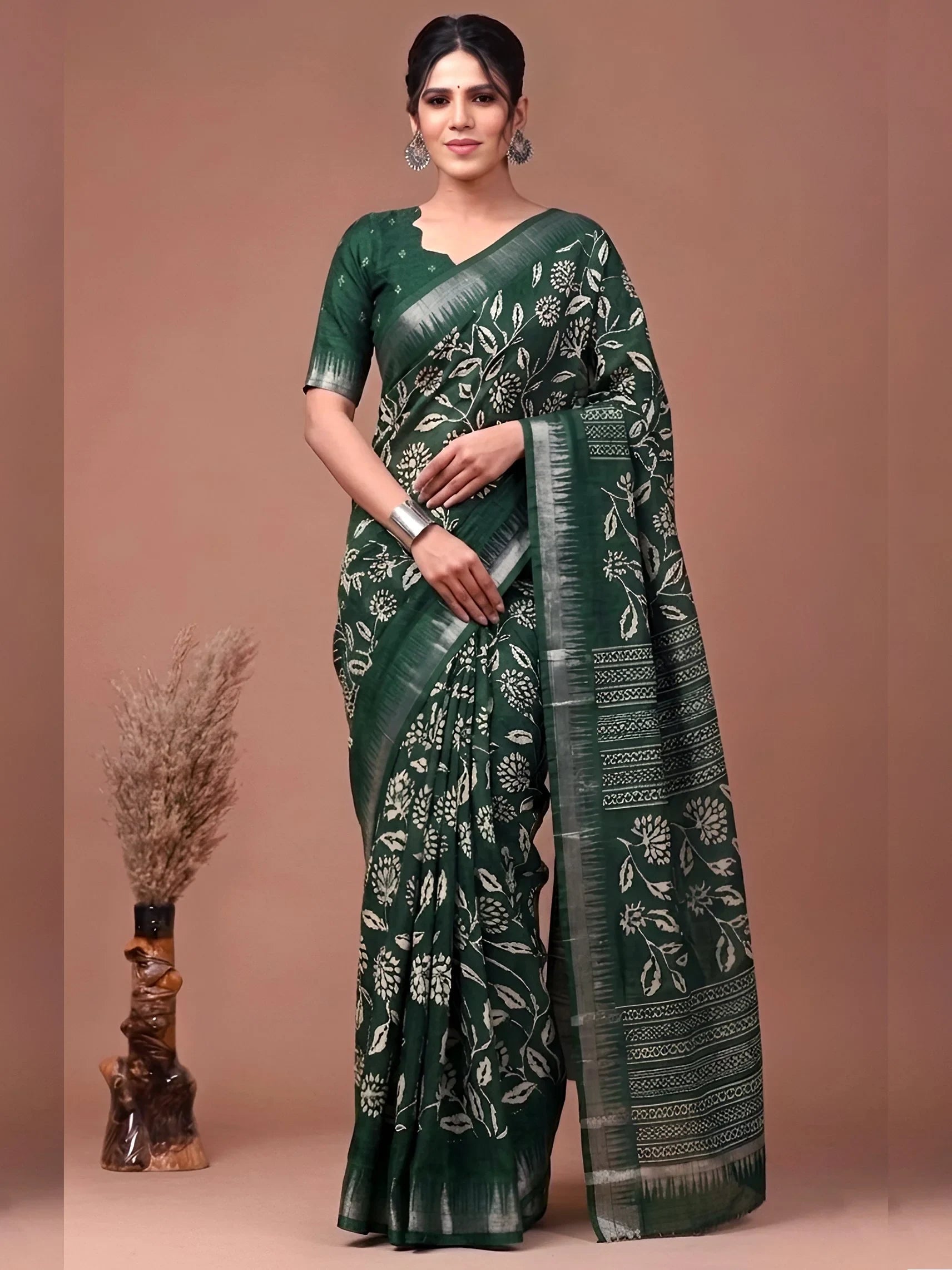 Green Majestic Floral Printed Silk Casual Wear Saree With Blouse