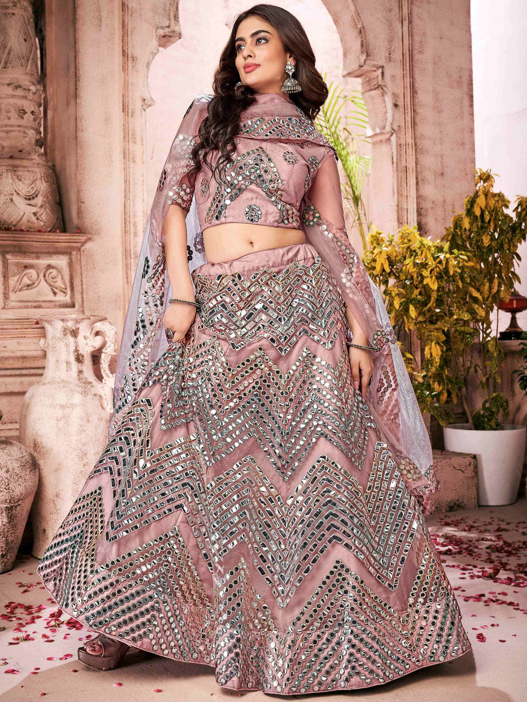 Gleaming Dusty Pink Net Paper Mirror Work Wedding Lehenga Choli