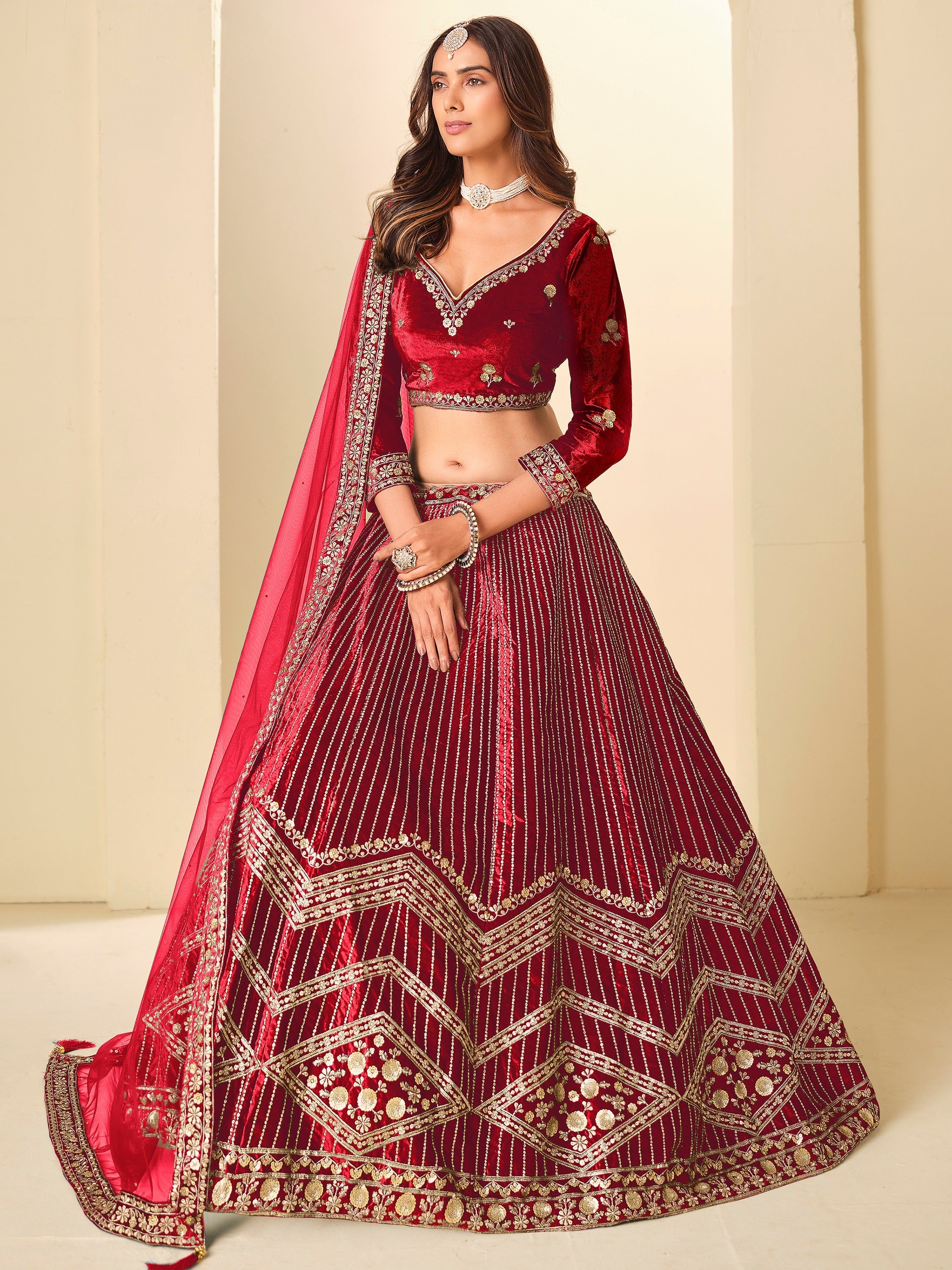 Lovable Red Sequins Velvet Bridal Lehenga Choli With Dupatta