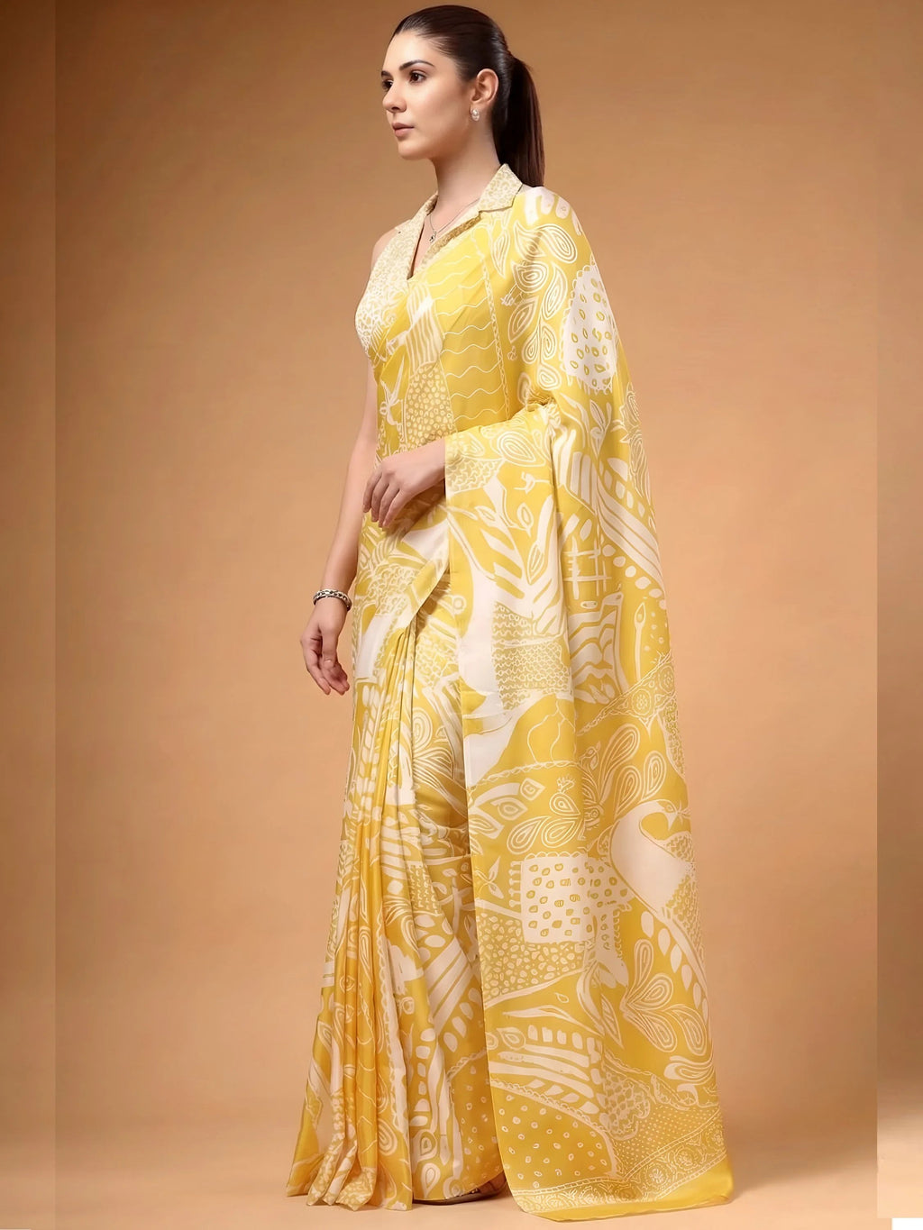 Yellow Charming Digital Printed Satin Festive Wear Saree With Blouse