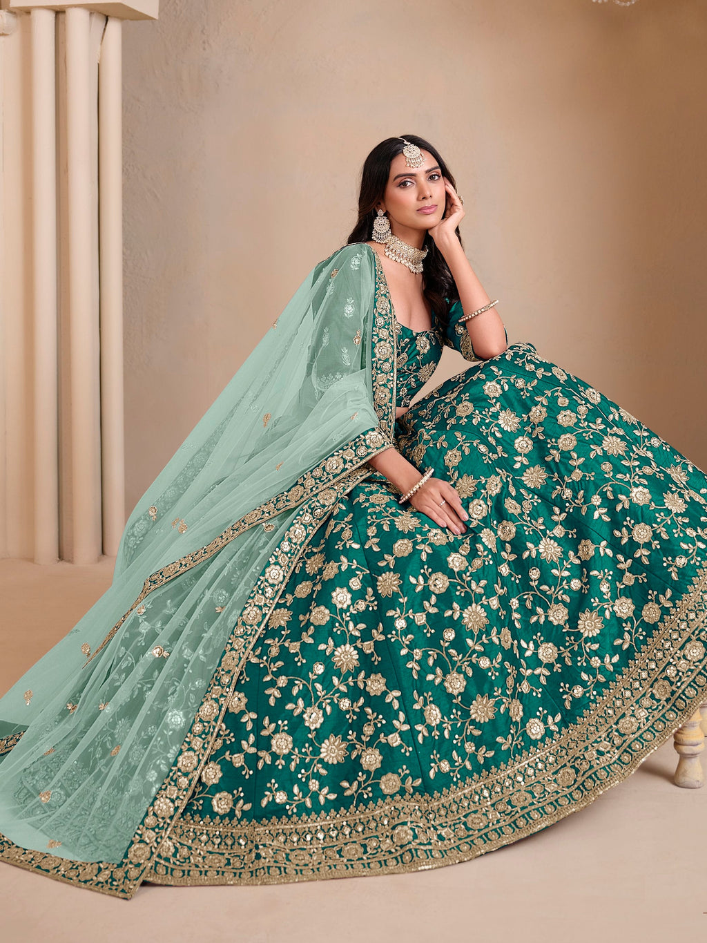 Outstanding Teal Green Floral Work Silk Wedding Wear Lehenga With Blouse