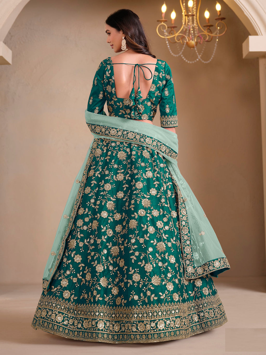 Outstanding Teal Green Floral Work Silk Wedding Wear Lehenga With Blouse