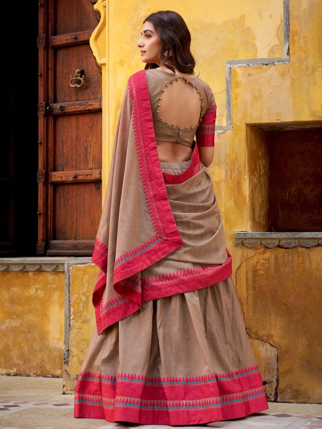 Beige Glamorous Weaving Border Silk Wedding Wear Half Saree Lehenga