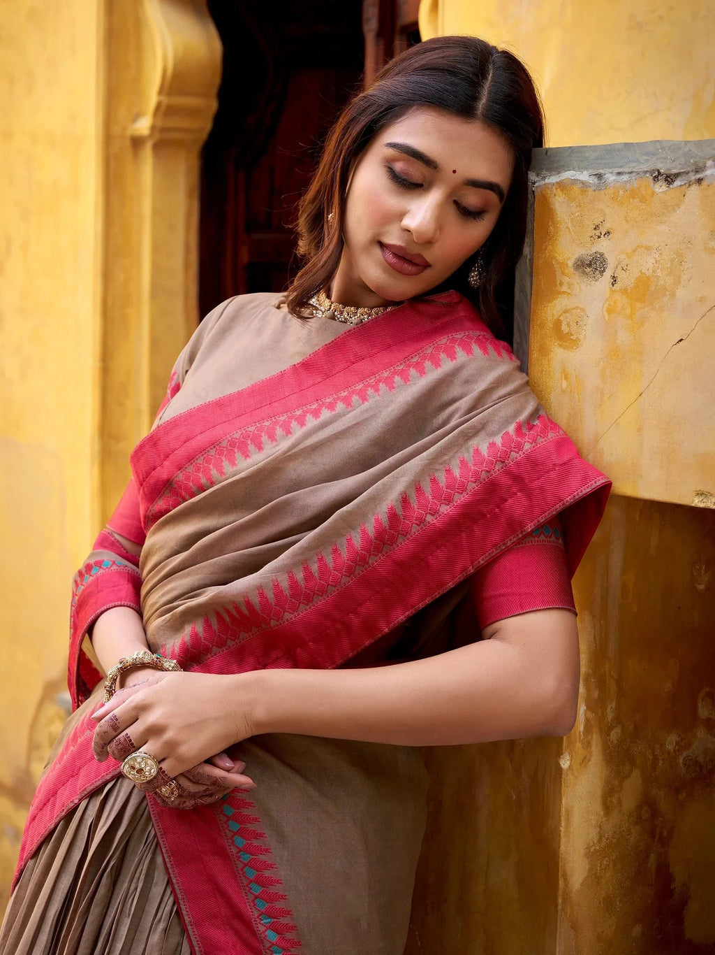 Beige Glamorous Weaving Border Silk Wedding Wear Half Saree Lehenga