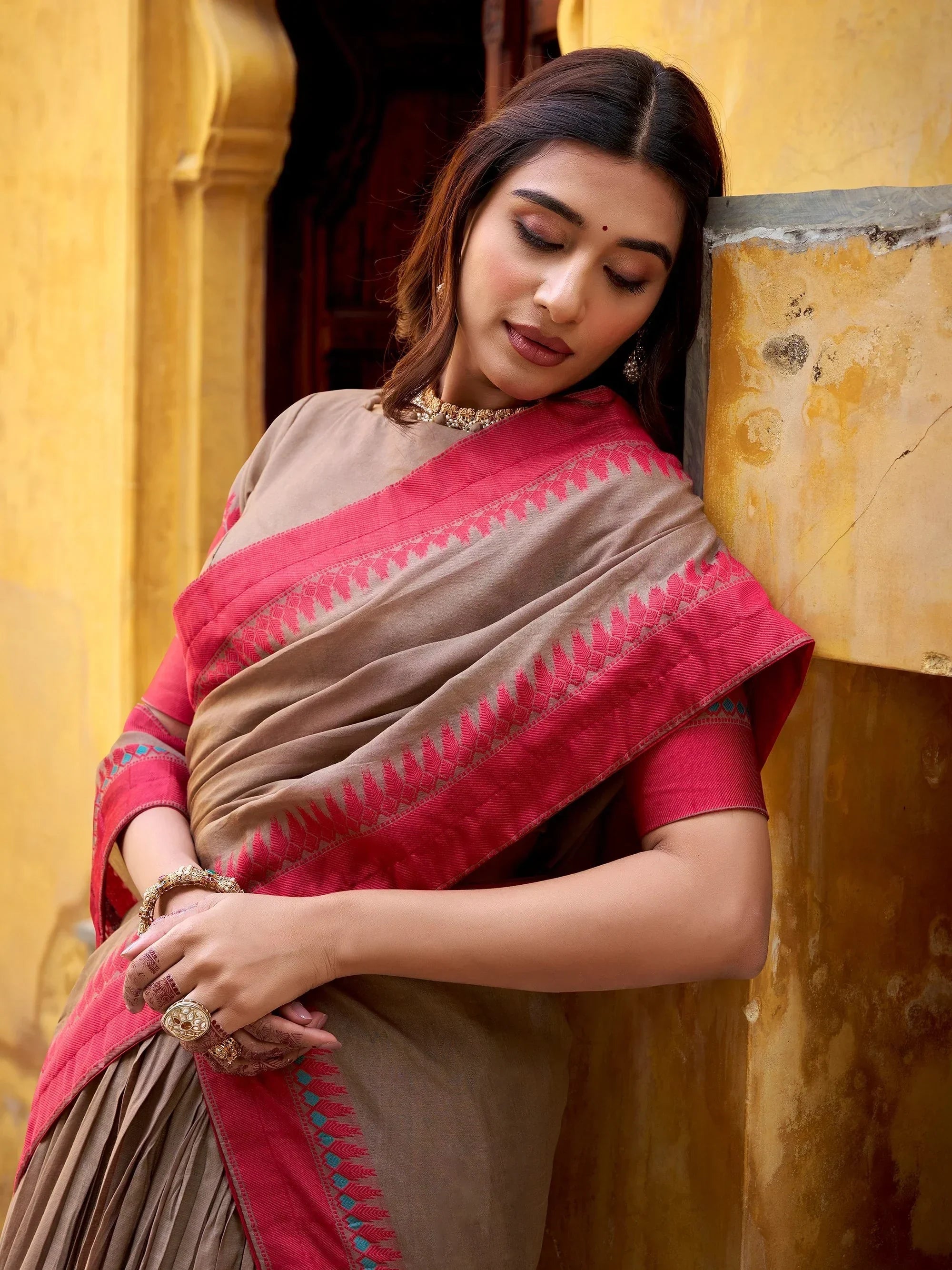 Beige Glamorous Weaving Border Silk Wedding Wear Half Saree Lehenga
