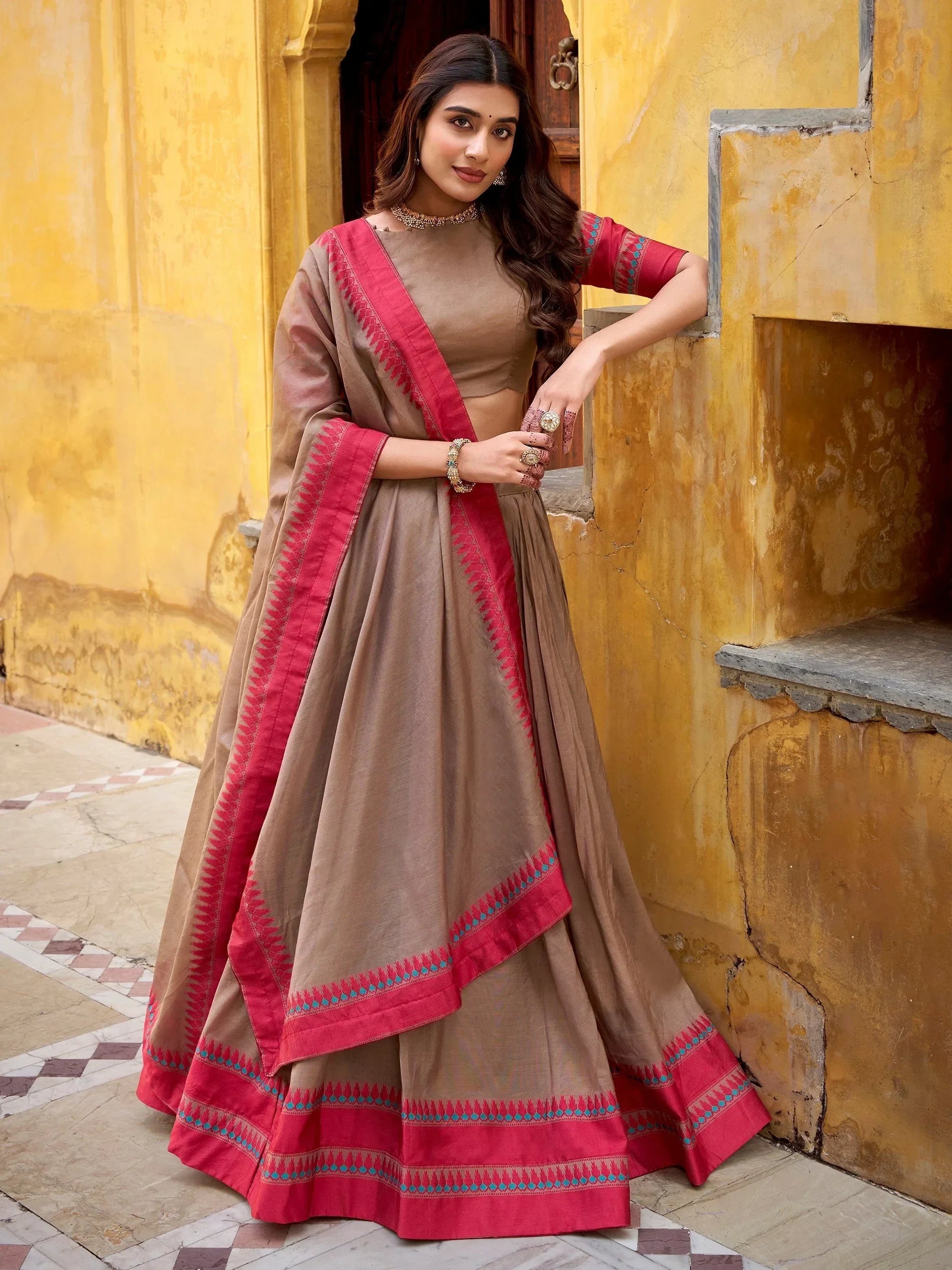 Beige Glamorous Weaving Border Silk Wedding Wear Half Saree Lehenga