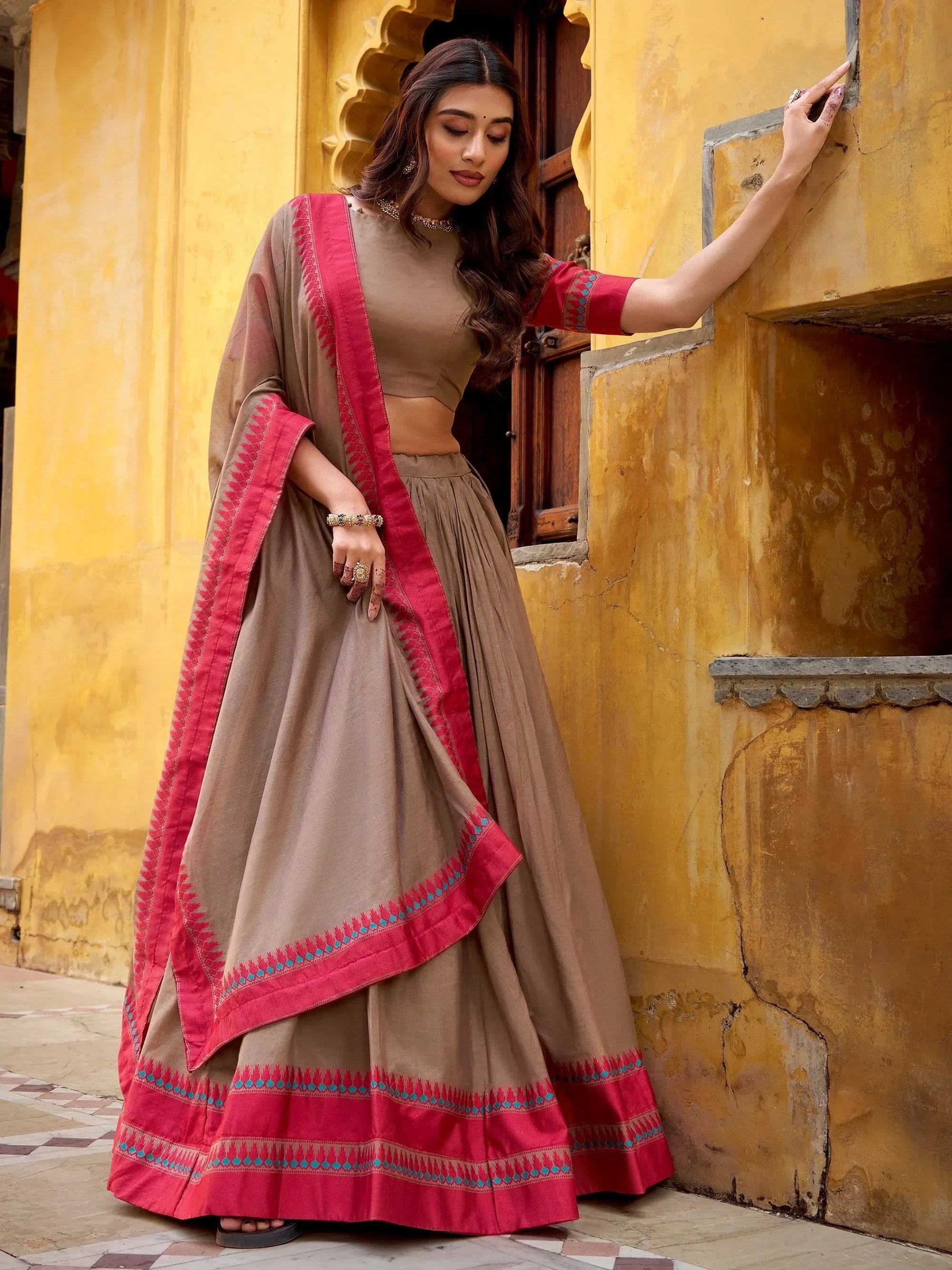 Beige Glamorous Weaving Border Silk Wedding Wear Half Saree Lehenga