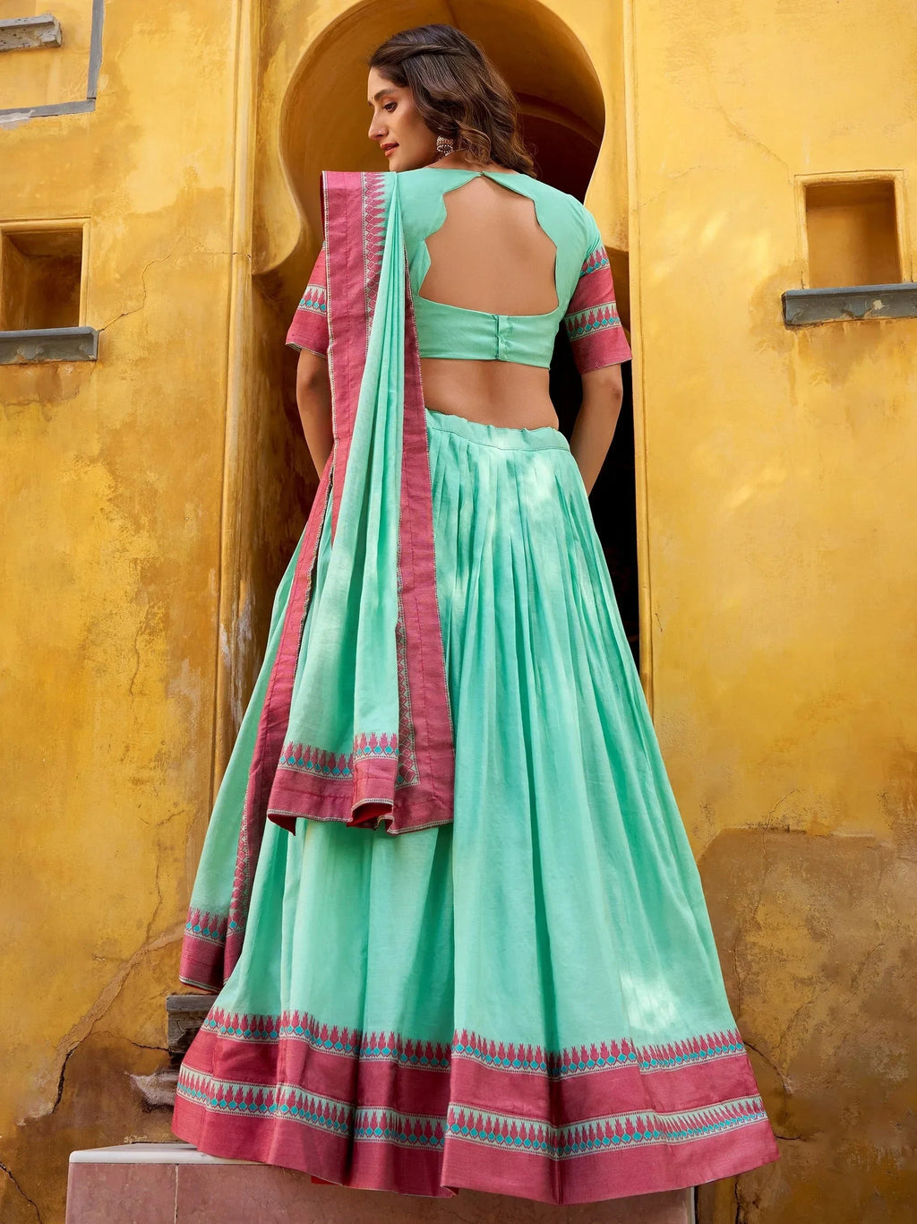 Sky Blue Glamorous Weaving Border Silk Wedding Wear Half Saree Lehenga