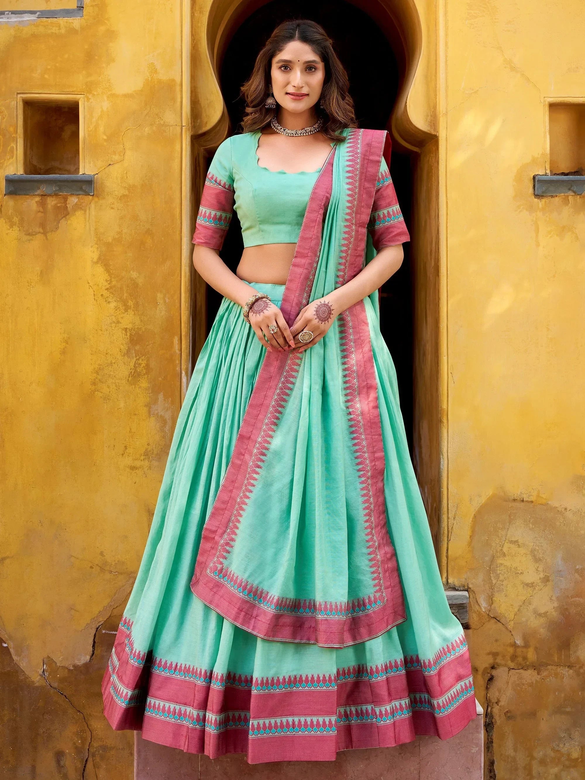 Sky Blue Glamorous Weaving Border Silk Wedding Wear Half Saree Lehenga